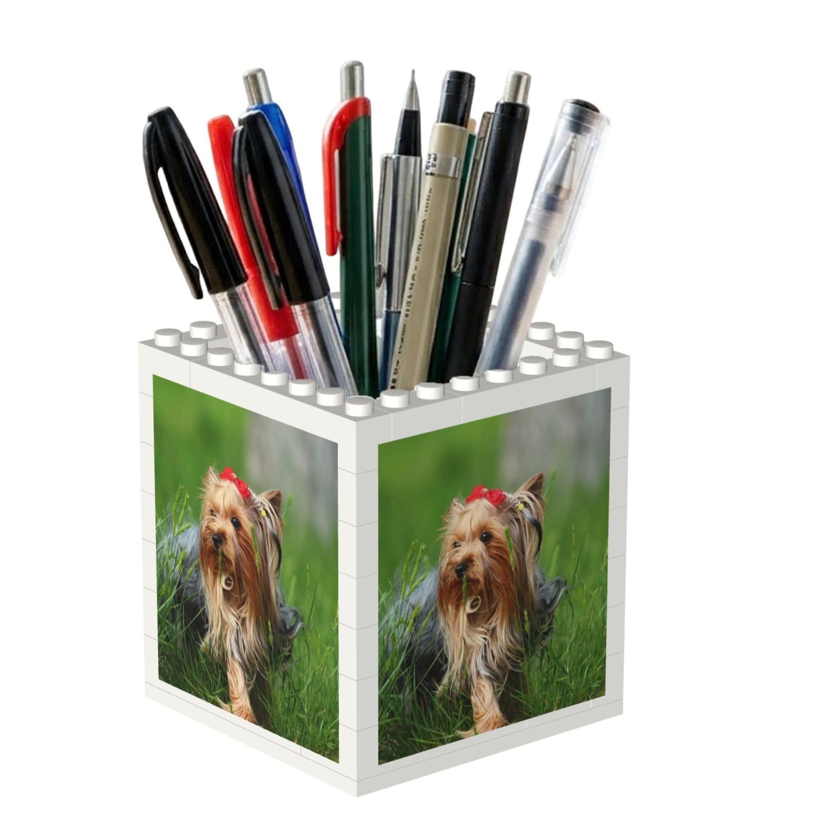 Poadnly Yorkshire Terrier Lawn Cute Dogs Ummer Red Bow, Pen Pot Pencil Holder for Office Home School, Compact Desk Organiser for Office Stationery