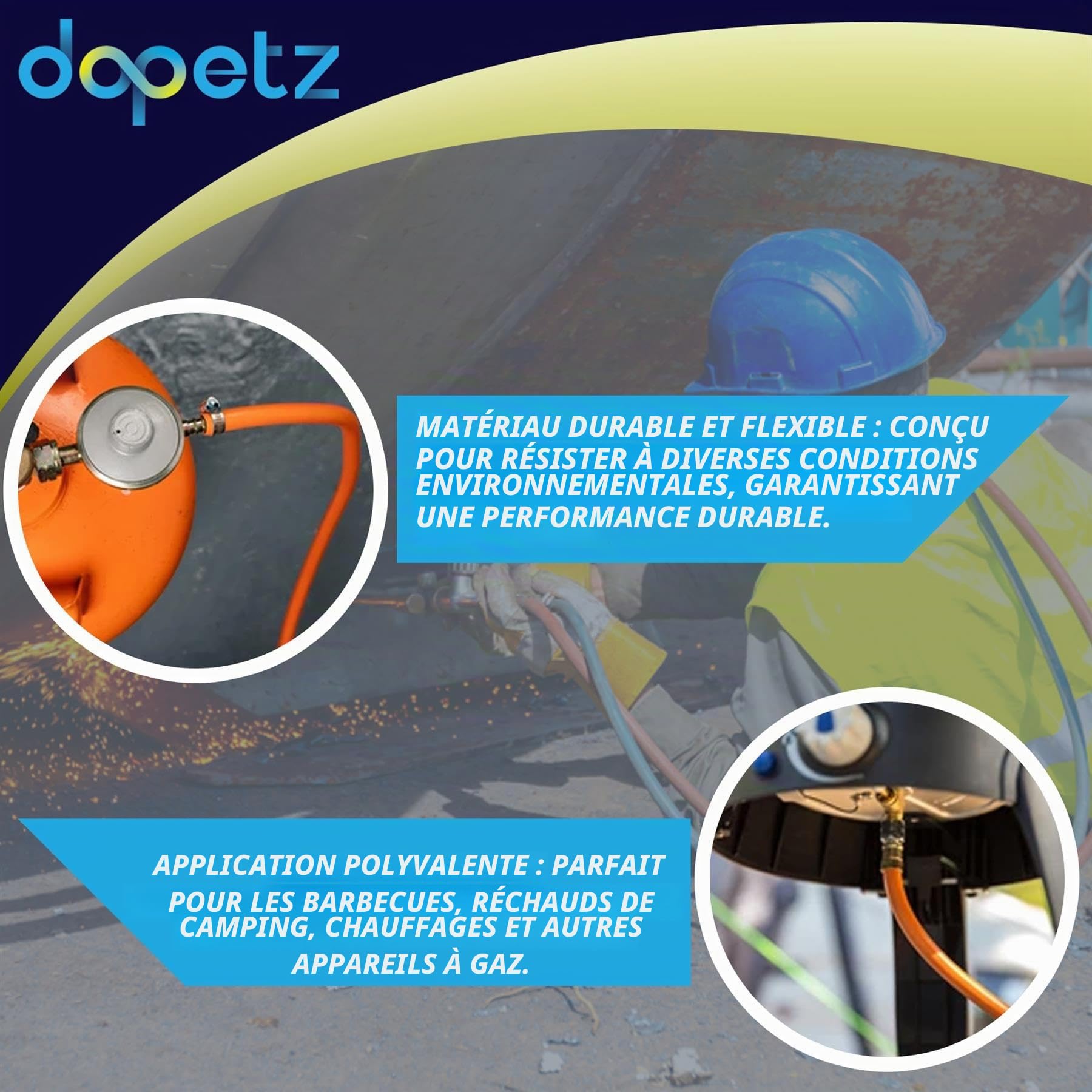 Dapetz Tuyau de gaz de 2 mètres avec 2 clips, compatible régulateurs d'extrémité 8 mm, pour propane, butane, GPL, barbecue, camping, camping-car, couleur orange