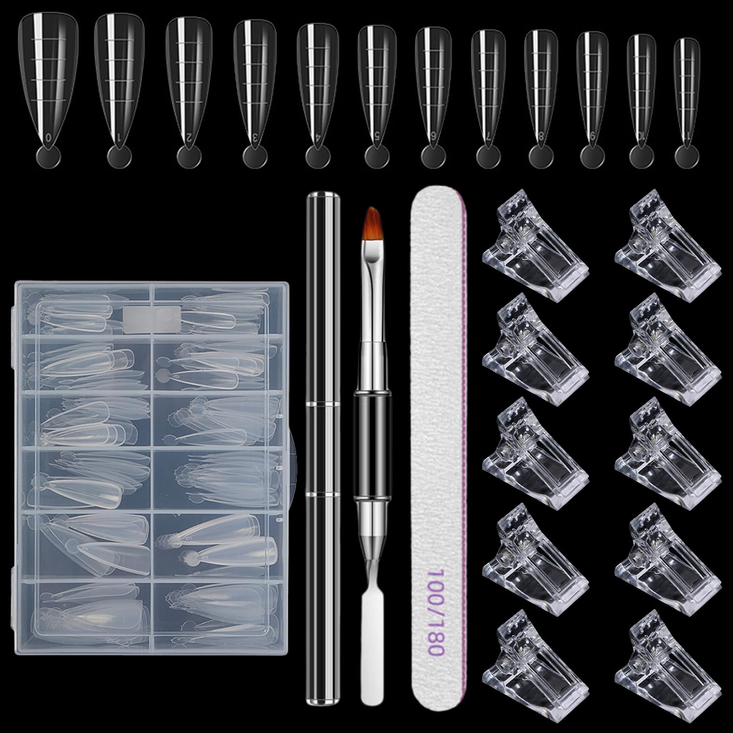 Zestaw 120 form Dual Nail Forms, 12 foremek w kształcie kropli wody, przedłużanie paznokci, przedłużenie paznokci z dwupunktowym pędzelkiem do paznokci, klipsami do paznokci i pilnikiem do