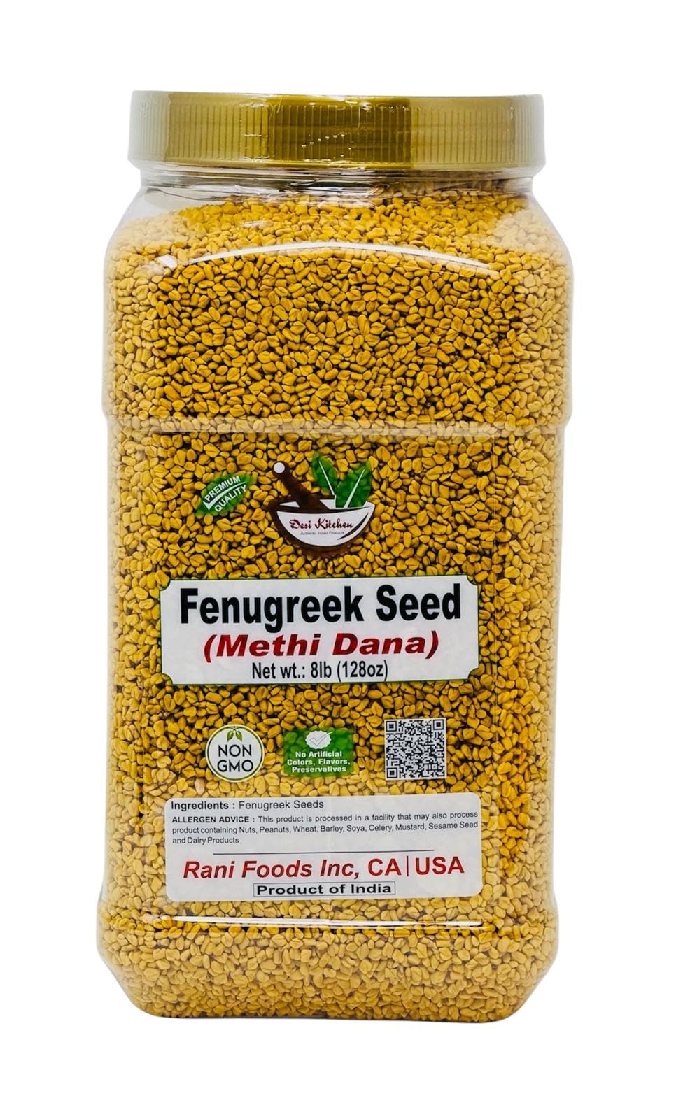 Desi Kitchen Fenugreek (Methi) Seeds Whole 8lbs (127oz) 3.62kg Trigonella foenum graecum ~ Bulk Pack (Pet Jar) Product of India