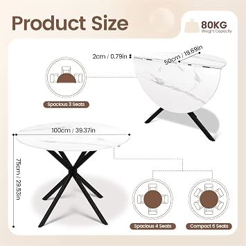 Hello-5ive 5-Piece Dining Table and Chairs Set, Dining Table Set Kitchen Furniture, Round Marble Effect Dining Table with 4 Leaf Pattern Dining Chairs,Modern Dining Room Set for Home Kitchen