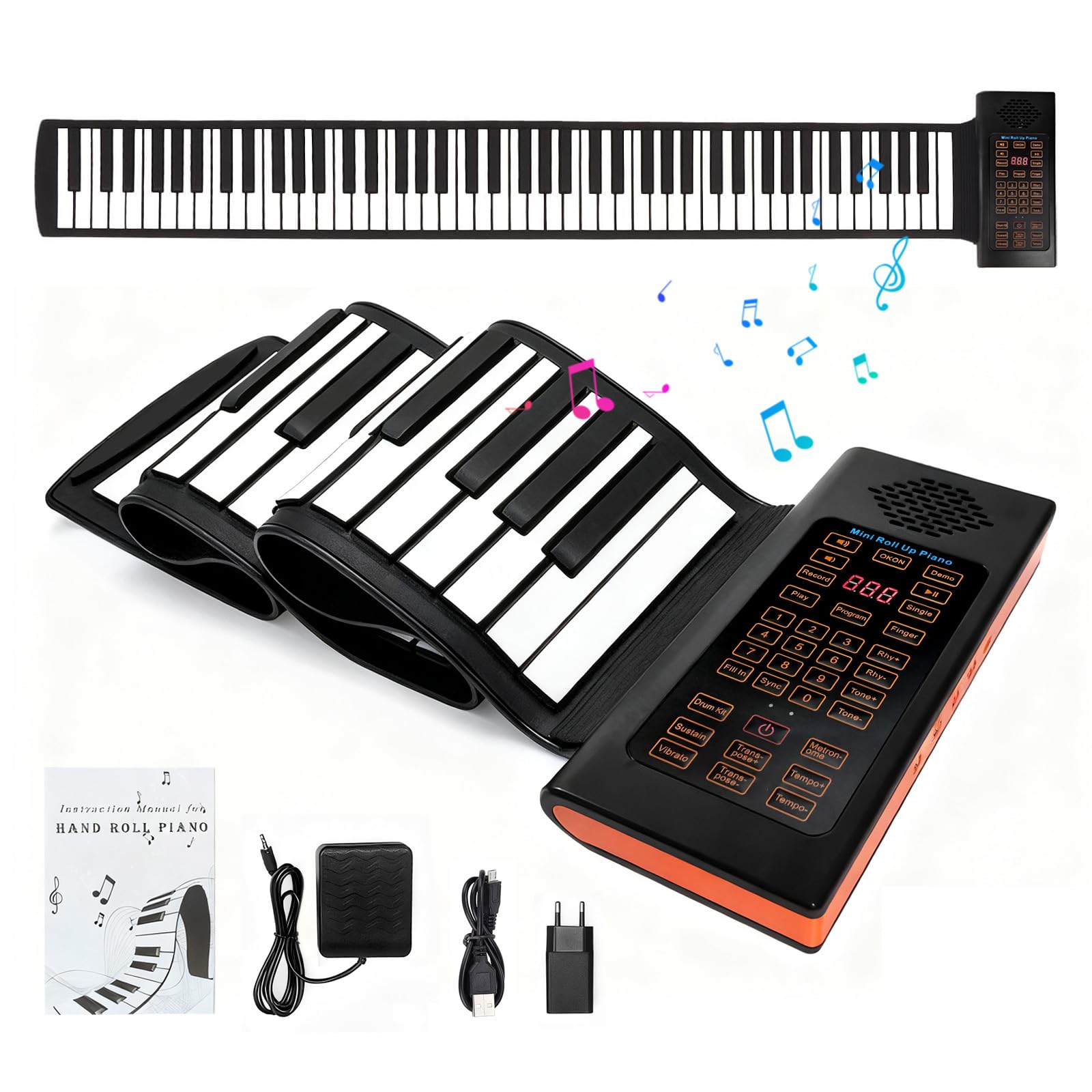 88 Tasti Tastiera Pianoforte Arrotolabile, Pianoforte Elettronico Portatile con 128 Ritmi Toni, 20 Demo, Funzione MIDI,Ricaricabile Rollup Pianoforte Pieghevole per Bambini Principianti Adulti