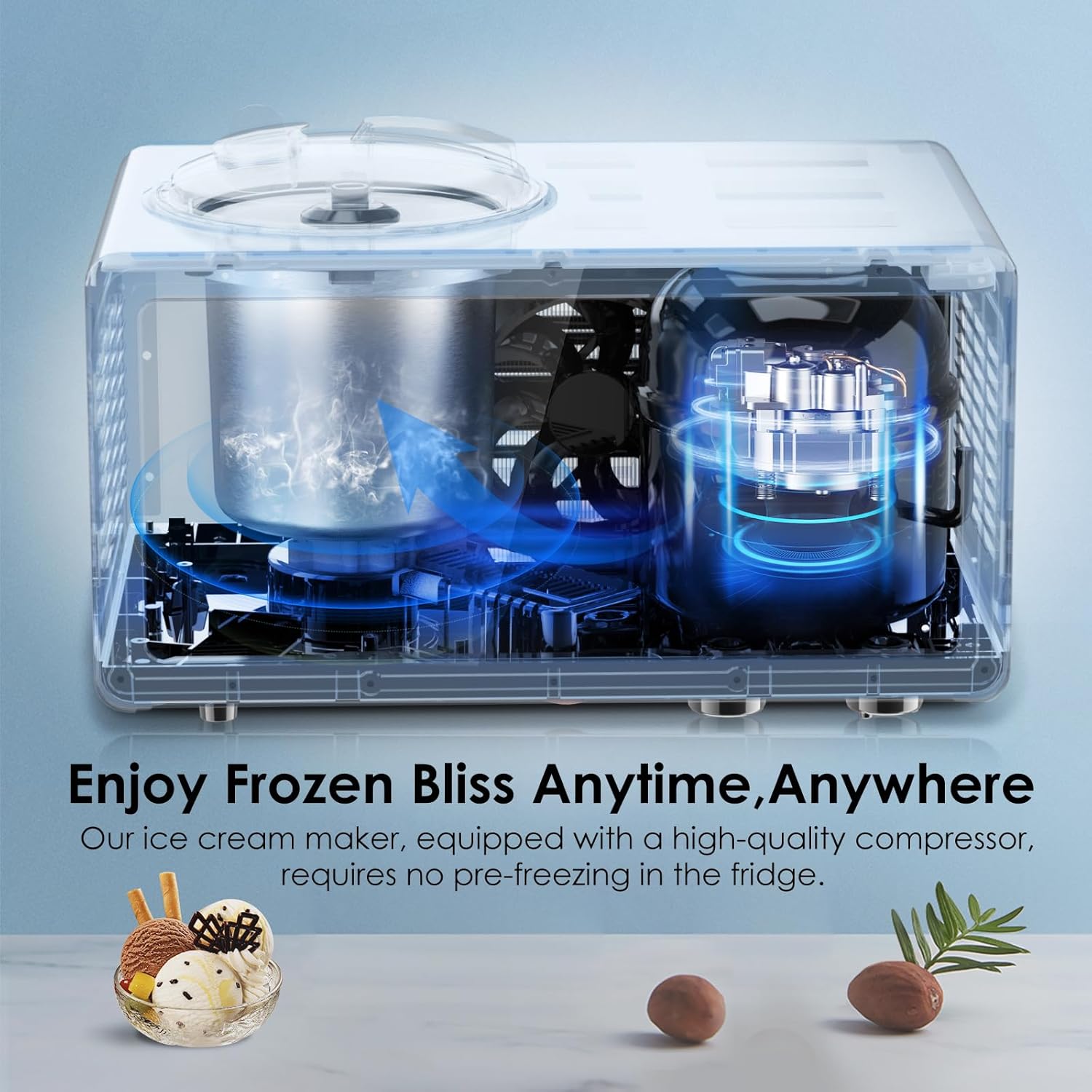 Homtone Ice Cream Maker Fully Automatic with Compressor, 4 Modes, Adjustable softness, Adjusted Speed 1.6 Quart Ice Cream + Yogurt Maker, LCD Touch Screen Homemade Soft & Hard Ice Cream Machine - Image 3