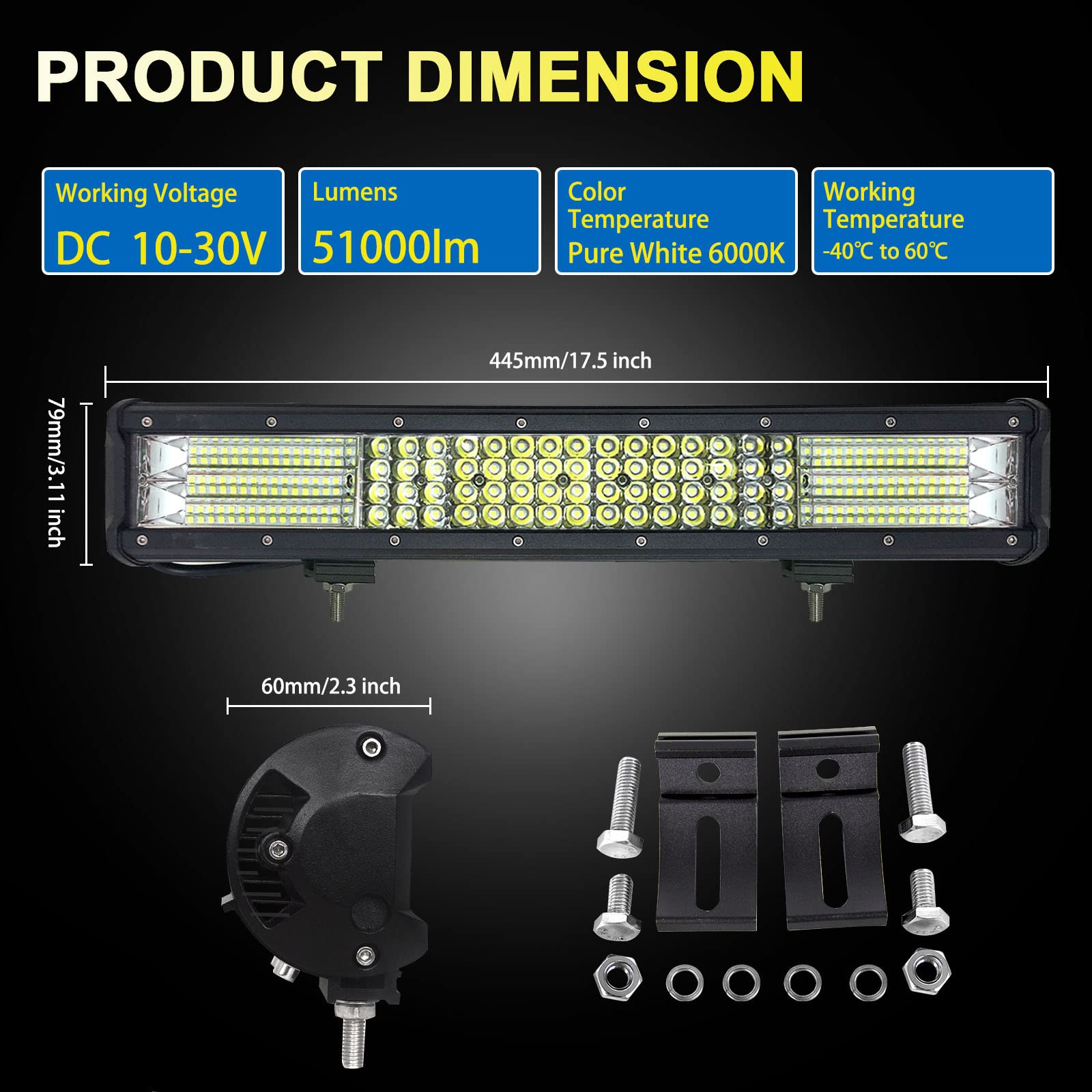 AUXTINGS 45 cm 450W Quatre Rangée Barre lumineuse LED Spot Flood off road Triple row droite lumières de conduite,12V 24V