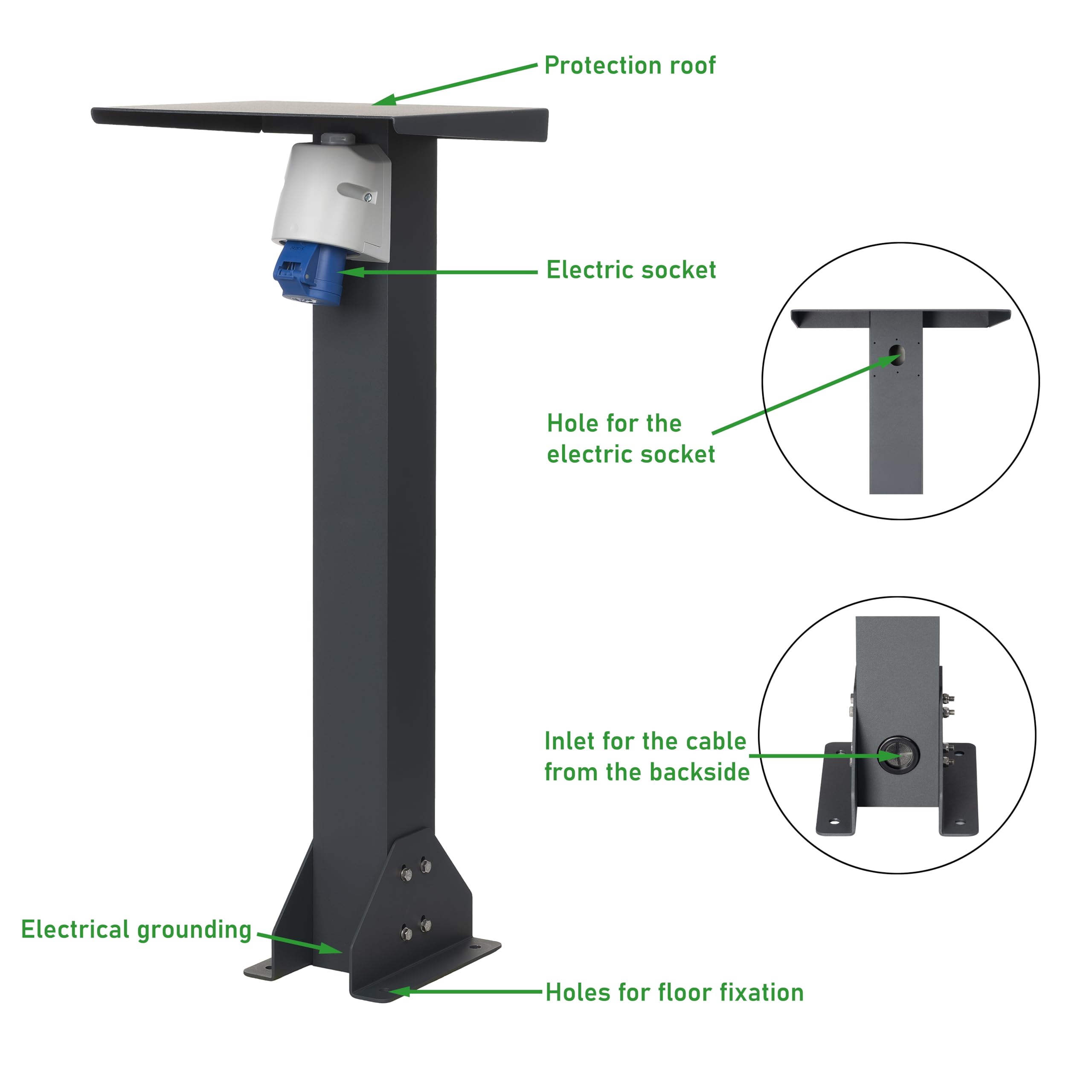 Base de aluminio con enchufe exterior. Columna de enchufes de alta calidad. Enchufe para exterior con pie (CEE 1F, 16 A, 3,7 kW)