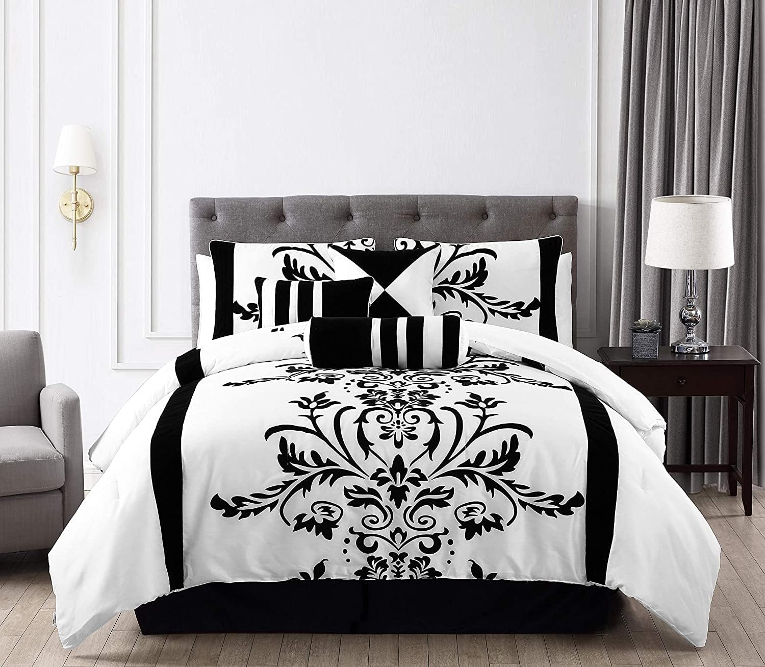 Chezmoi Collection Nobility 7-Piece Faux Silk Comforter Set Full - Luxury White Black Flocked Velvet Floral All Season Bedding Comforter Set