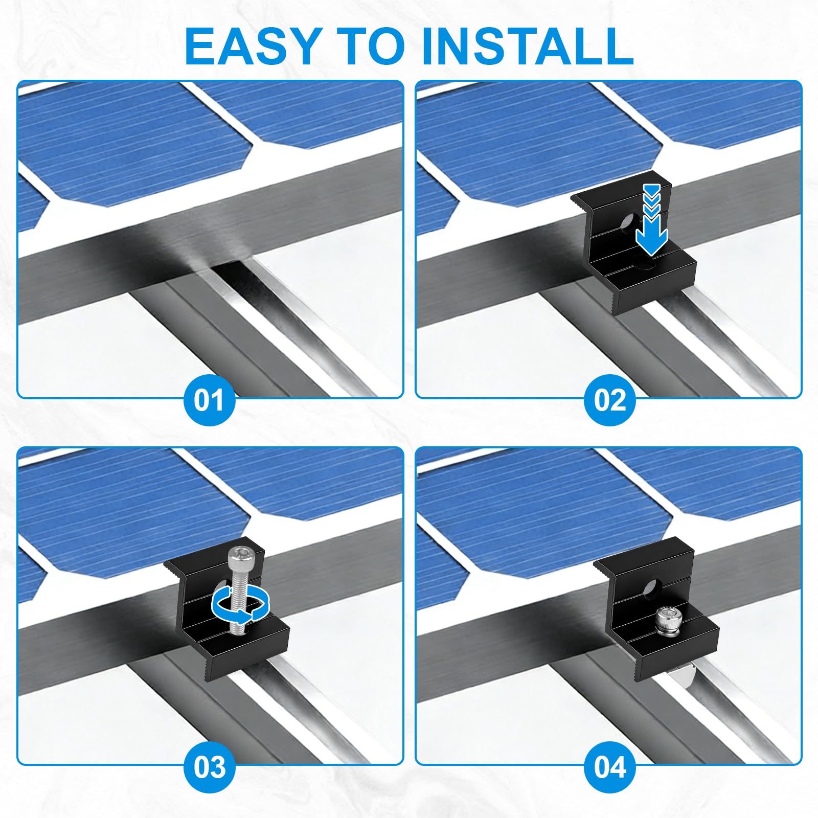 EXLECO Kit de 12 Support Panneau Solaire 30-35mm, Fixation Panneaux Solaires Photovoltaïque en Aluminium pour Rail, 6 Pinces Centrales en T et 6 Pièces d'Extrémité en Z, PV Pince de Toit, Noir