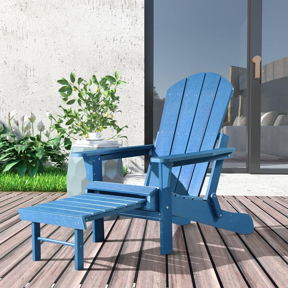 Hurley Stanton Drew Plastic/Resin Folding Adirondack Chair with Ottoman (Navy Blue)