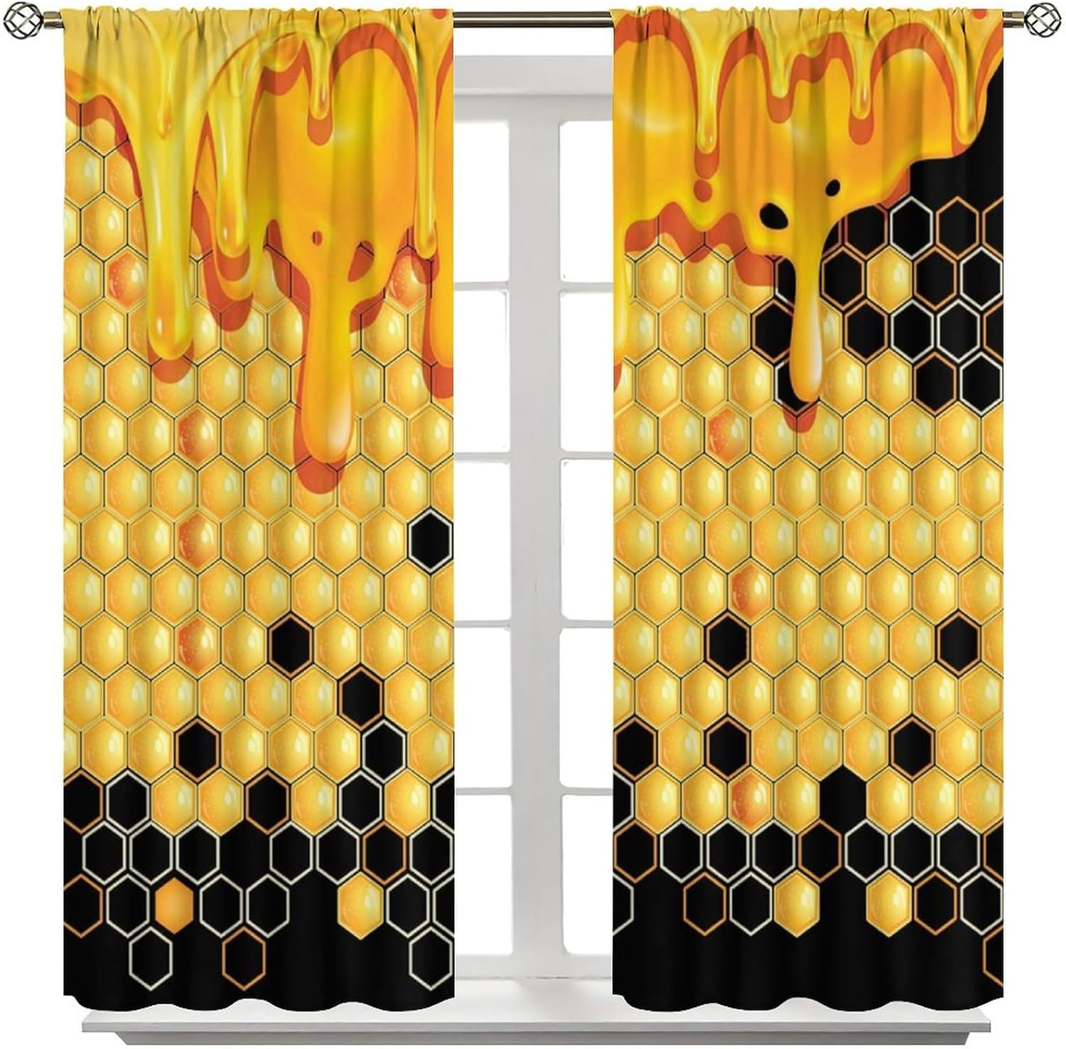 Bee Kitchen Curtains Honeycomb Yellow Black Geometry Art Printed Blackout Window Drapes for Bedroom Living Room Decor Fabric Set 2 Panel 42x54 Inch 80% Shading Rate