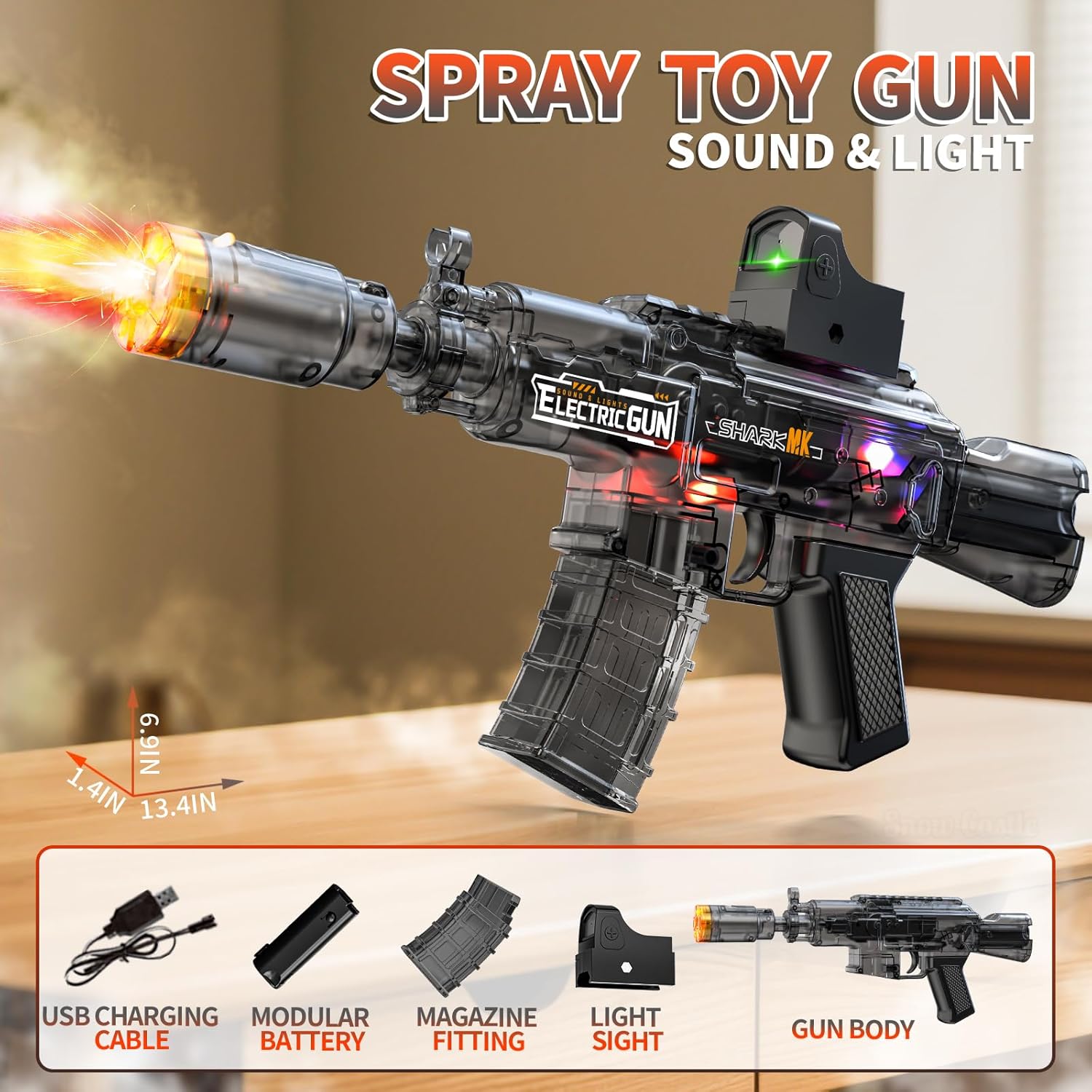 Spray Light and Sound Gun with Flash, Sound Effect, Spray Effect, Built-in Battery, Charging Cable, Scope, Magazine, Light and Sound Toy Gun, Very Suitable for Children Aged 3+ (Grey)