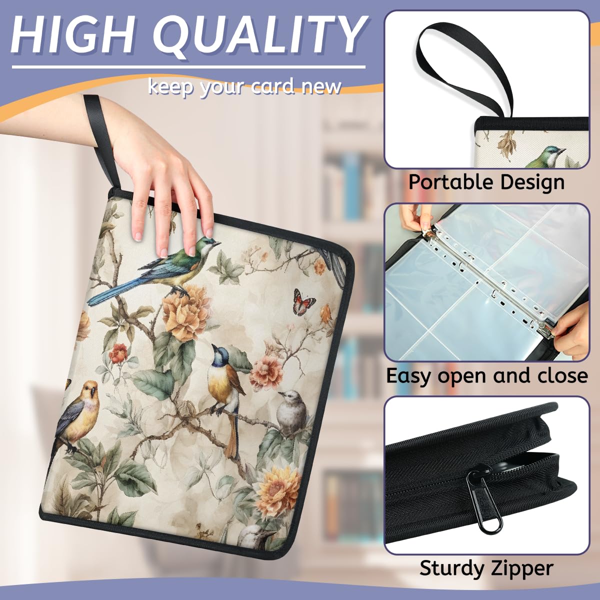 Classeur pour cartes à collectionner - 4 pochettes - Style vintage - Motif colibri - Fleur et papillon - Avec pochettes amovibles - Étanche - Avec fermeture éclair - Capacité de 50 pages - Capacité de