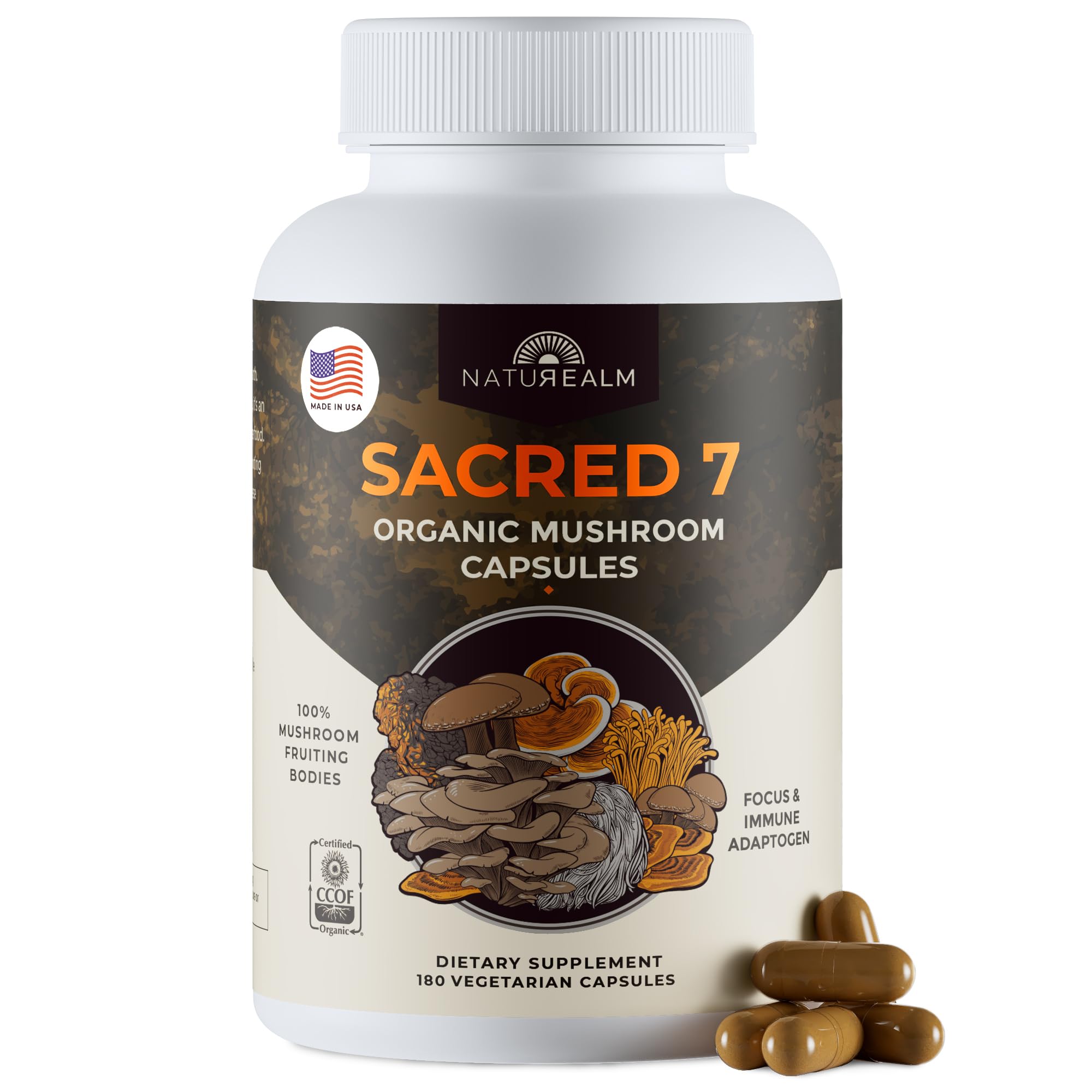 Naturealm Sacred 7 Mushroom 7-in-1 Blend Capsules Supplement (60 Day Supply) | Supports Daily Immune Defense & Focus | Lions Mane, Reishi, Chaga & More | Organic, Premium 100% Fruiting Body Extract