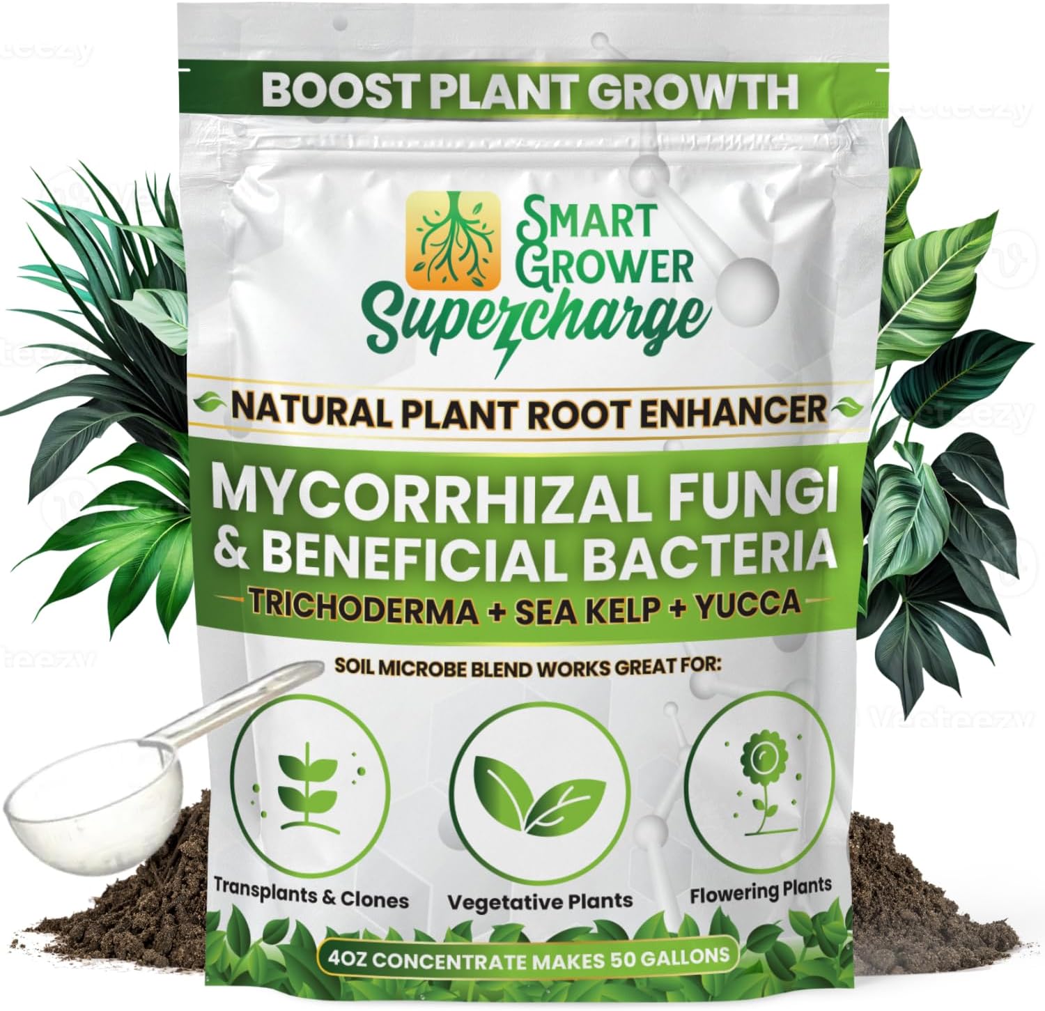 Mycorrhizal Fungi with Beneficial Bacteria, Trichoderma, Sea Kelp, Molasses, Yucca, Smart Grower Supercharge Plant Root Enhancer 4oz Super Concentrate Powder Makes 50 Gallons