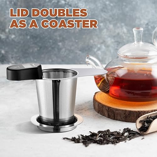 Vista 19 de Infusor de té de acero inoxidable 18/8 extra fino con gran capacidad y tamaño perfecto con asas dobles para colgar en teteras, tazas, tazas