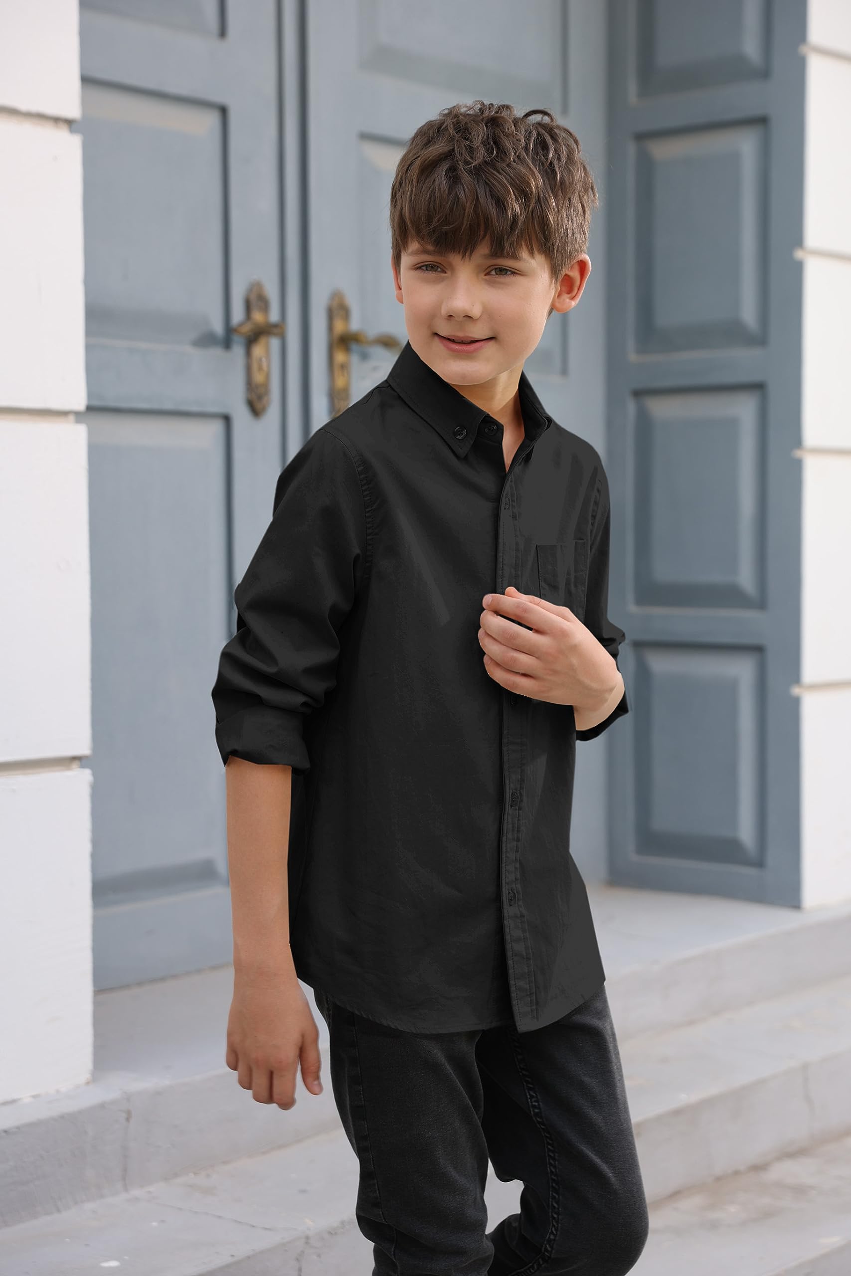 Camicia a maniche lunghe, in cotone, casual, per bambini, tinta unita, con tasca sul petto