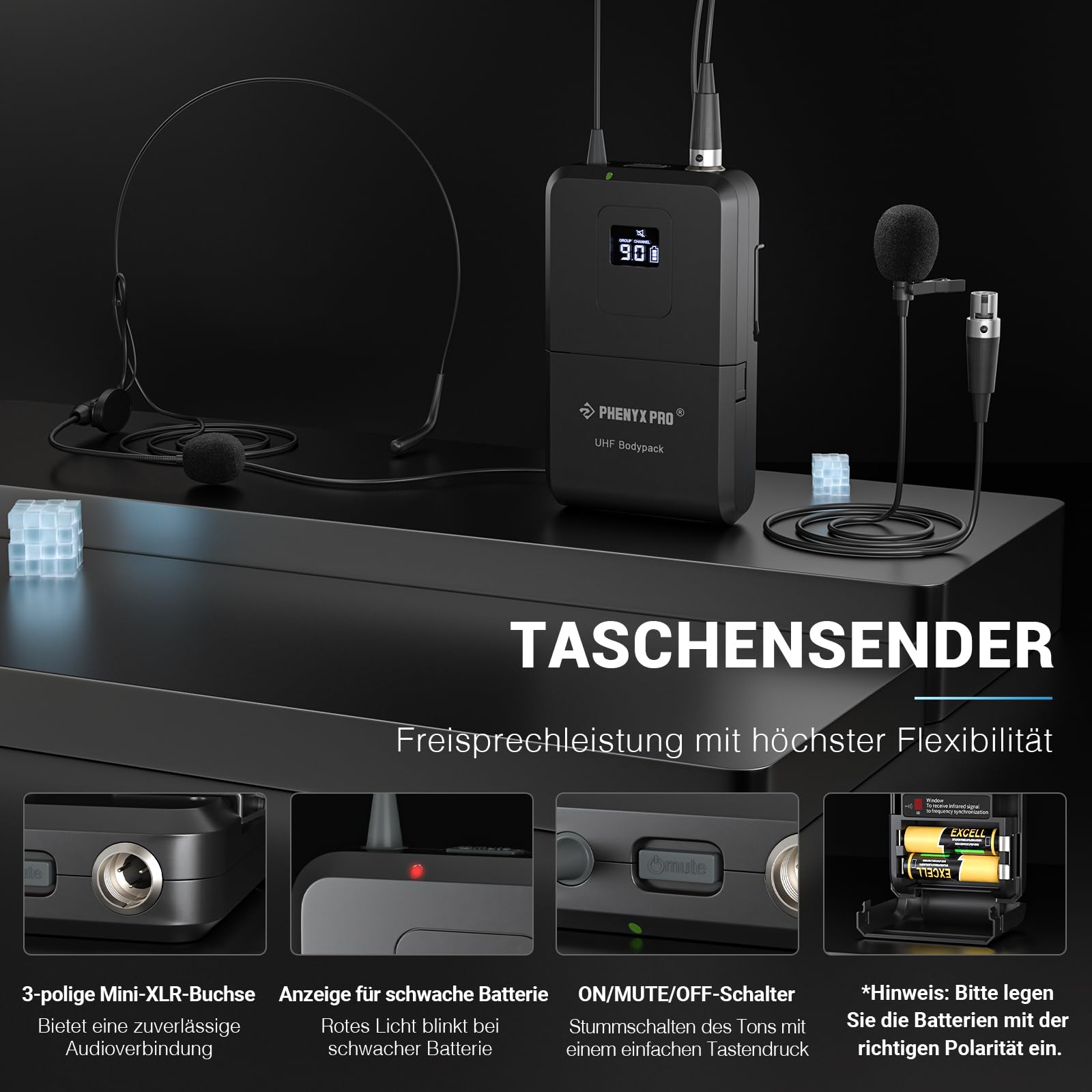 Phenyx Pro 4-Kanal-Drahtlos-Mikrofon-System, UHF Auto Scan Cordless Mic Set, 4 Bodypacks mit Headsets/Lapel Mics, 4x40 Frequenzen, 328ft Reichweite, Mikrofon für Kirche, DJ, Meeting (PTU-7000-4B)