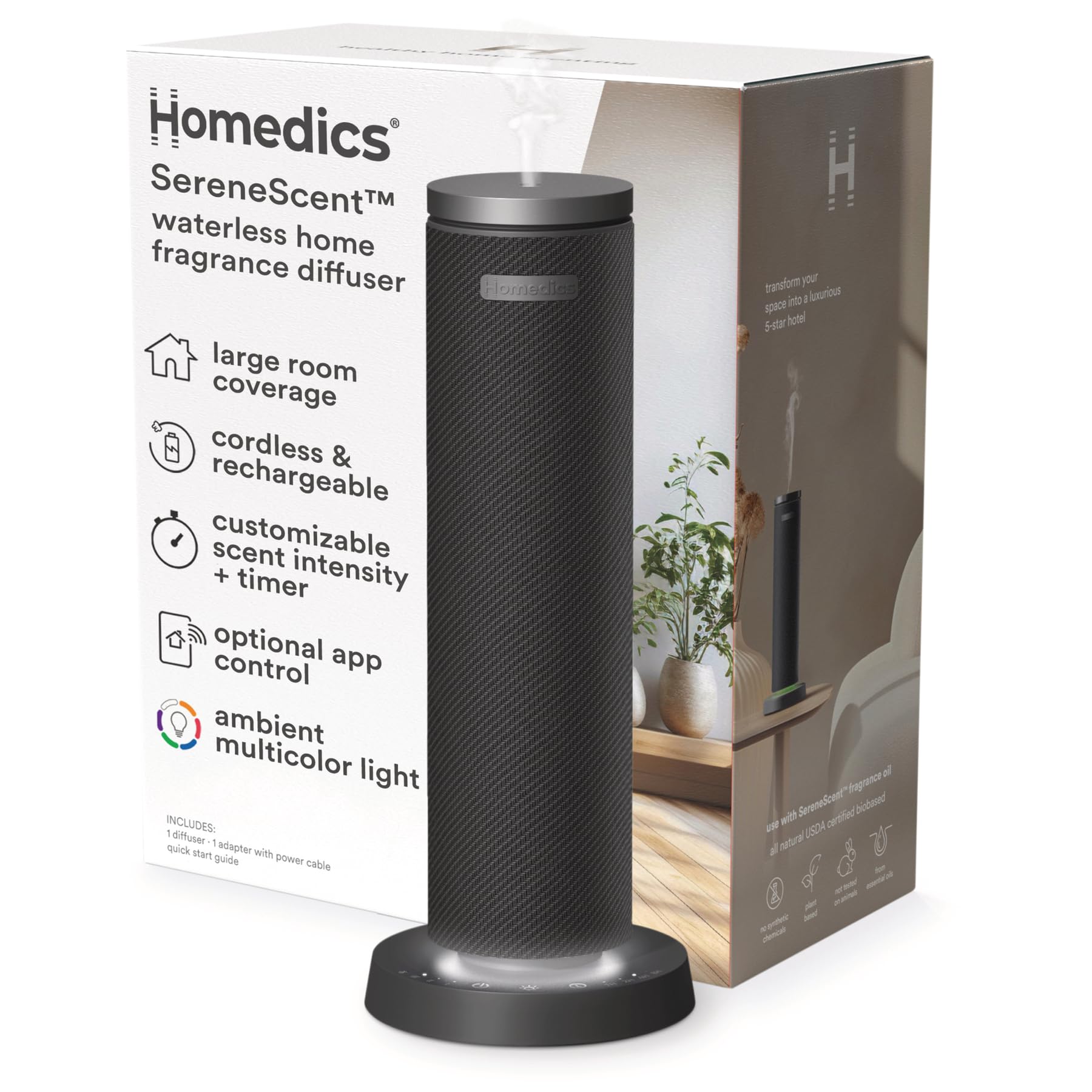 - Homedics SereneScent Fabric Rechargeable Waterless Diffuser, Use with Homedics SereneScent Oil 120ml (Sold Separately) Cordless Aromatherapy, Adjustable Mist & Timer, 6 Calming Lights, Black