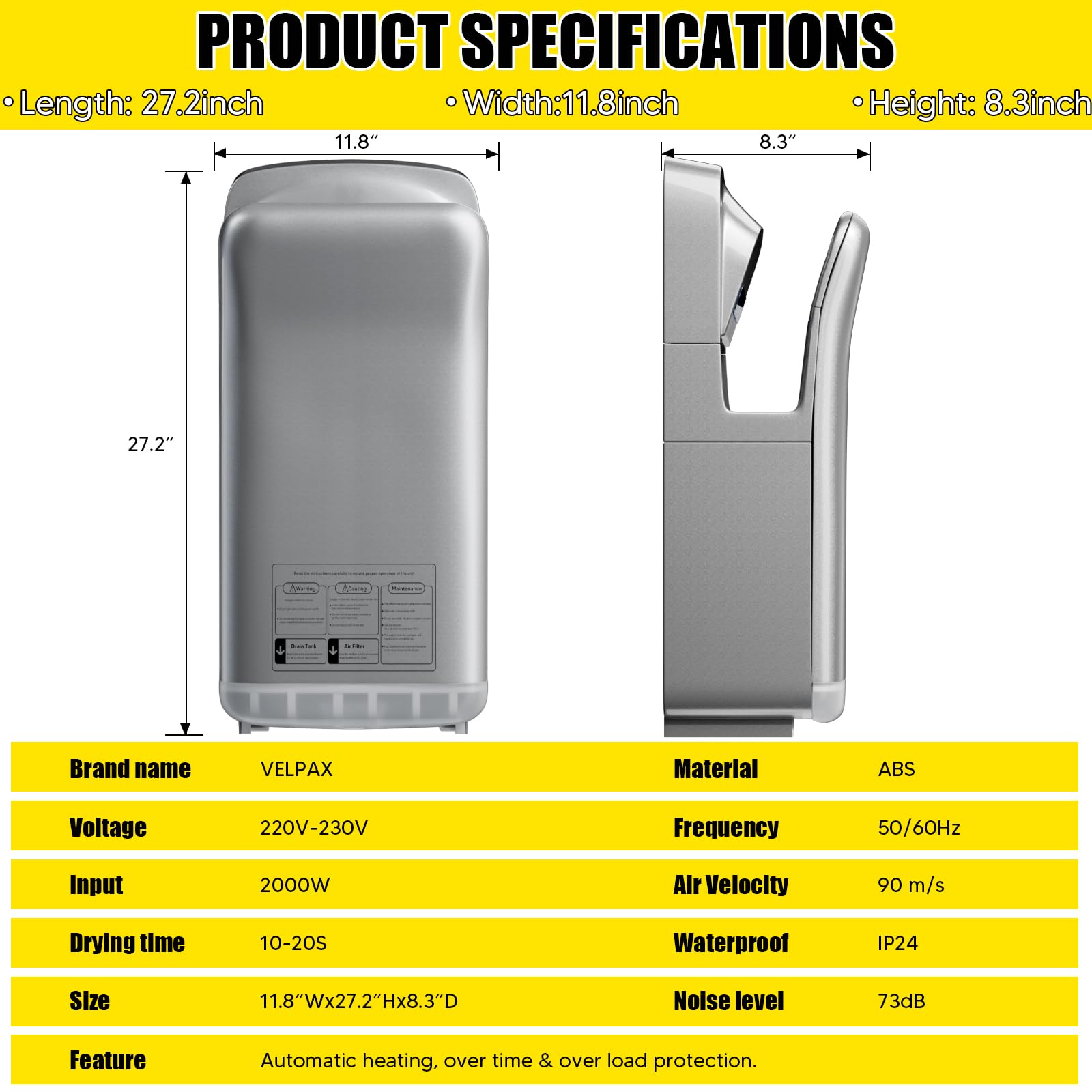VELPAX 2000W sèche-Mains,sèche-Mains électrique Commercial,avec AEPH Filtre,10-12 Secondes pour sécher,Convient aux salles de Bains publiques, aux Cuisines et aux Bureaux