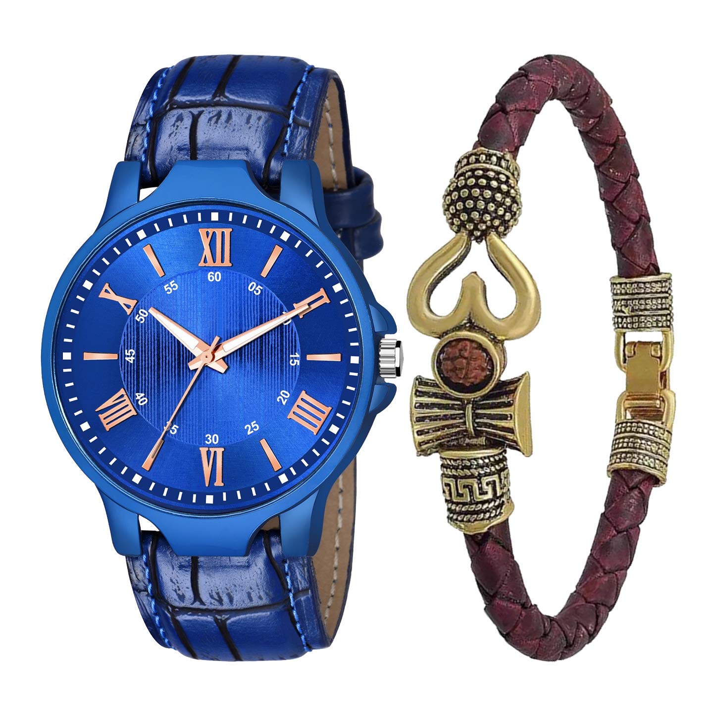 Herita Enterprise Analog Leather Strap with Blue Dial Casual Men Watch with Om Rudraksha Bracelet - 449_B_OM