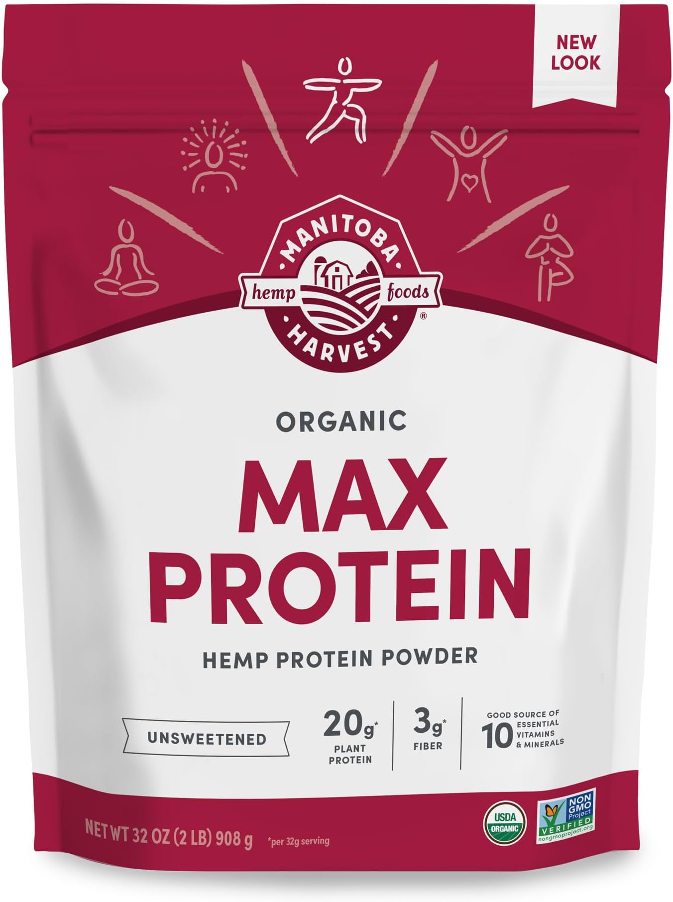 Manitoba Harvest Hemp Yeah Organic Max Protein Powder, Unsweetened, 32oz, with 20g Protein and 4.5g Omegas 3&6 per Serving, Keto-Friendly, Preservative Free, Non-GMO, Packaging May Vary