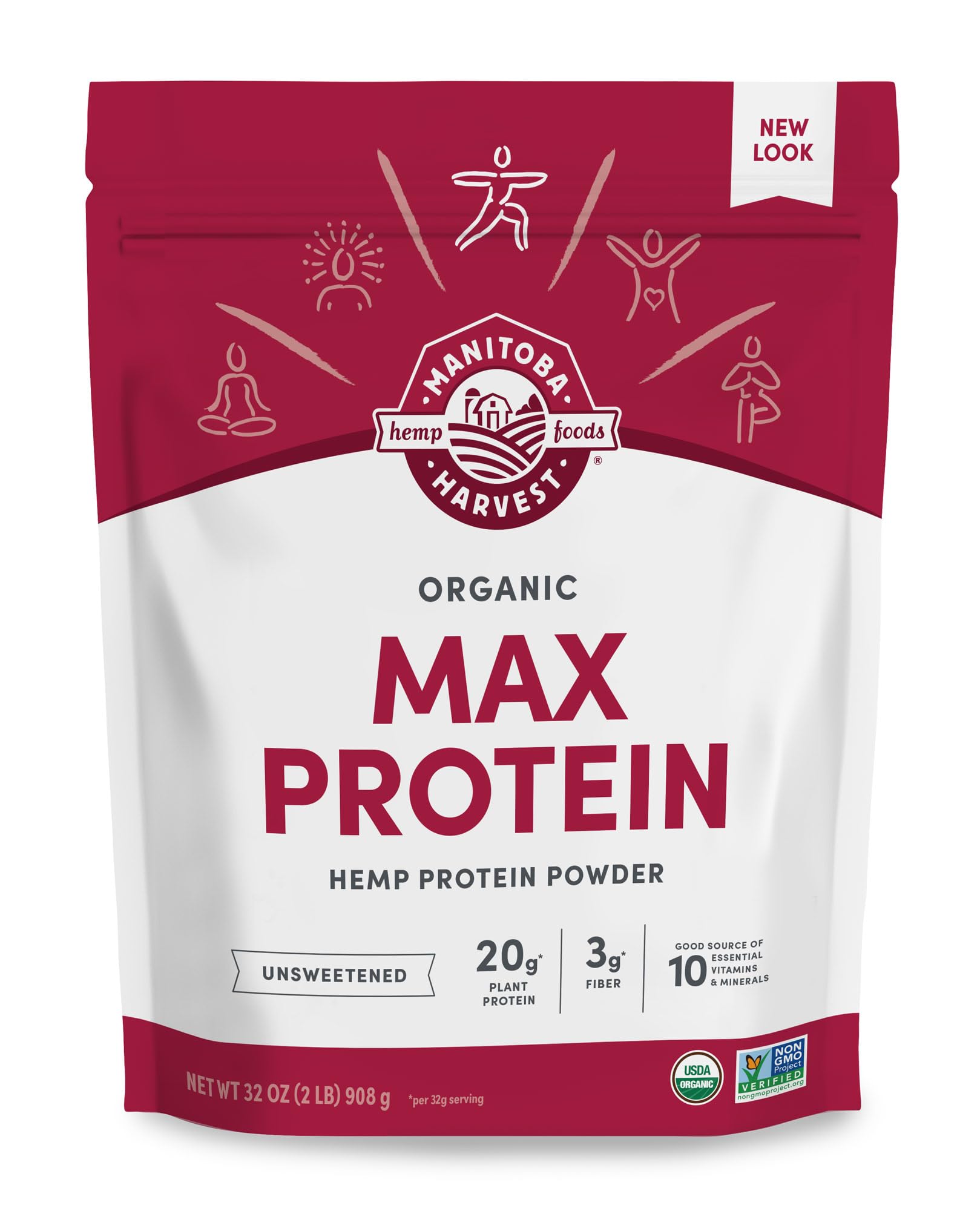 Manitoba Harvest Hemp Yeah Organic Max Protein Powder, Unsweetened, 32oz, with 20g Protein and 4.5g Omegas 3&6 per Serving, Keto-Friendly, Preservative Free, Non-GMO, Packaging May Vary