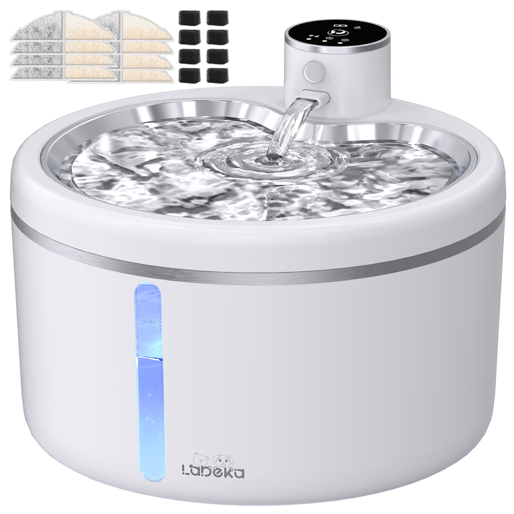 Wireless Cat Water Fountain with Stainless Steel Tray, 102oz/3L Pet Water Fountain for Cats Inside, Cat Fountain for Drinking with Motion Sensor, Ultra Quiet Pump (White, 102oz+8Filters)