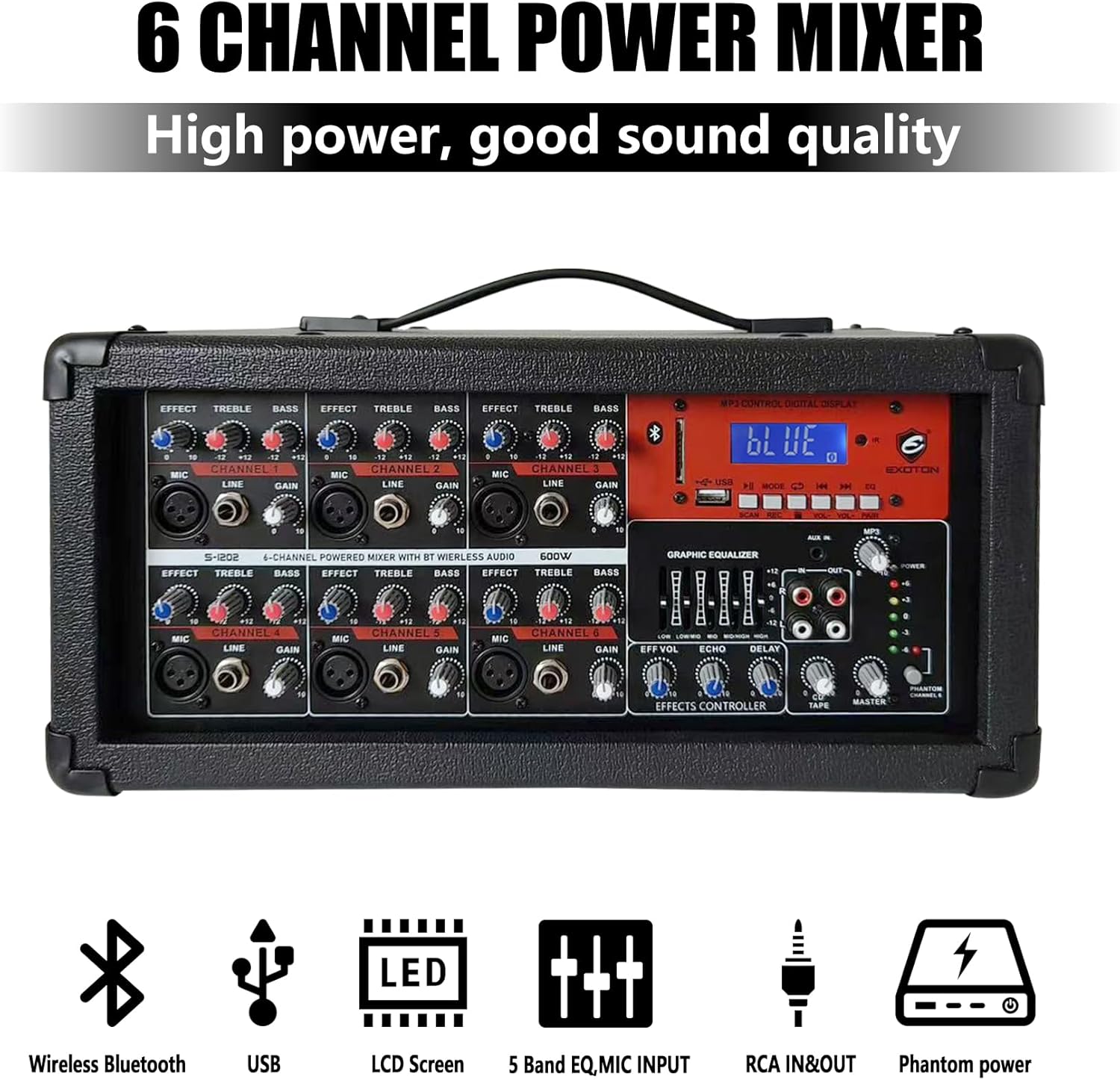 EXOTON S-1202 12inch 2000W Bluetooth PA System with Powered Mixer Set, Passive Speakers with 6 Channel Mixer/Stands/Mic/Effect Controller/ 48V Phantom Power,for Indoor&Outdoor - Image 2