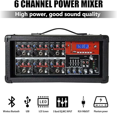 Miniatura 2 de EXOTON S-1202 Sistema PA Bluetooth de 12 pulgadas con juego de mezclador eléctrico, altavoces pasivos con mezclador de 6 canales, soportes,