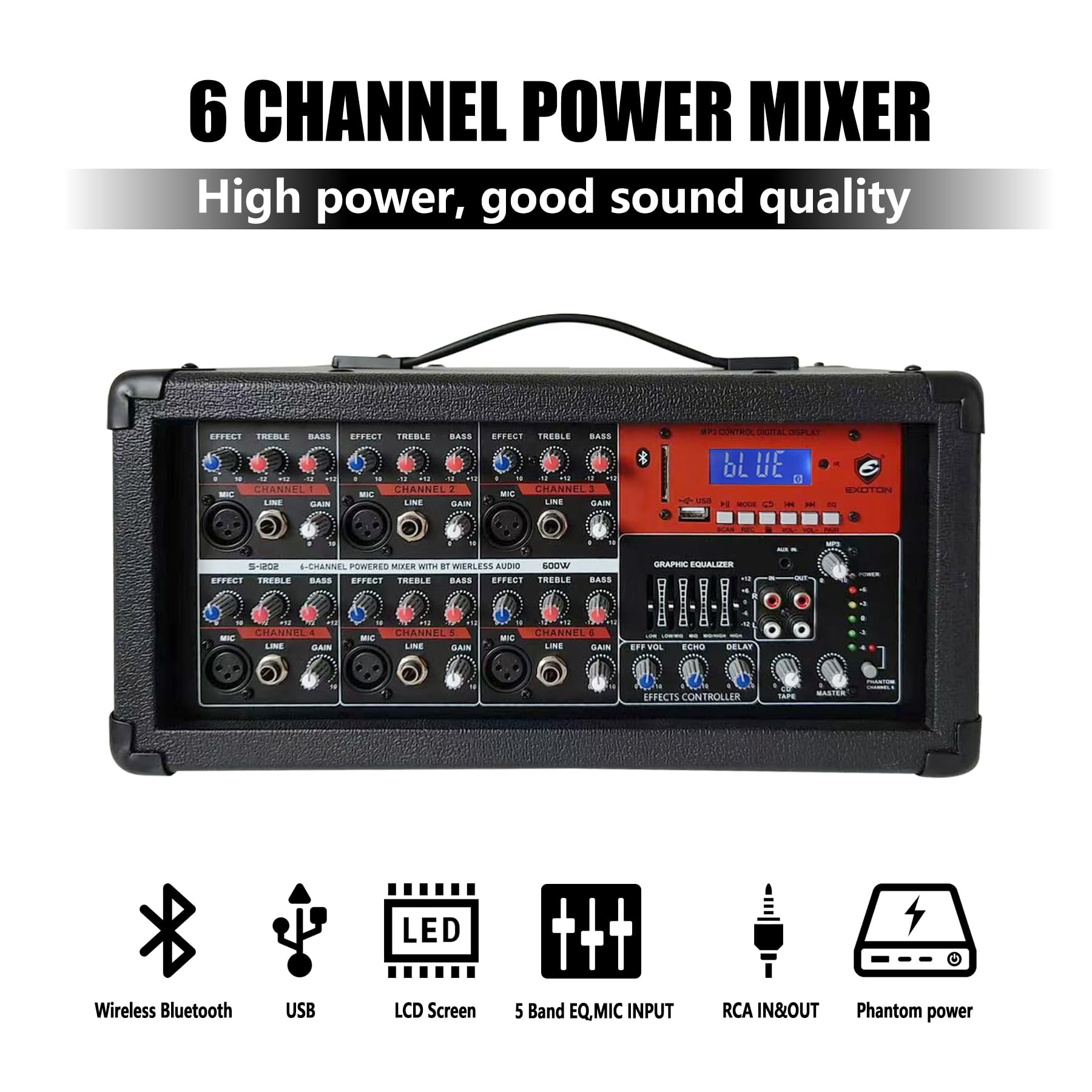 EXOTON S-1202 12inch 2000W Bluetooth PA System with Powered Mixer Set, Passive Speakers with 6 Channel Mixer/Stands/Mic/Effect Controller/ 48V Phantom Power,for Indoor&Outdoor