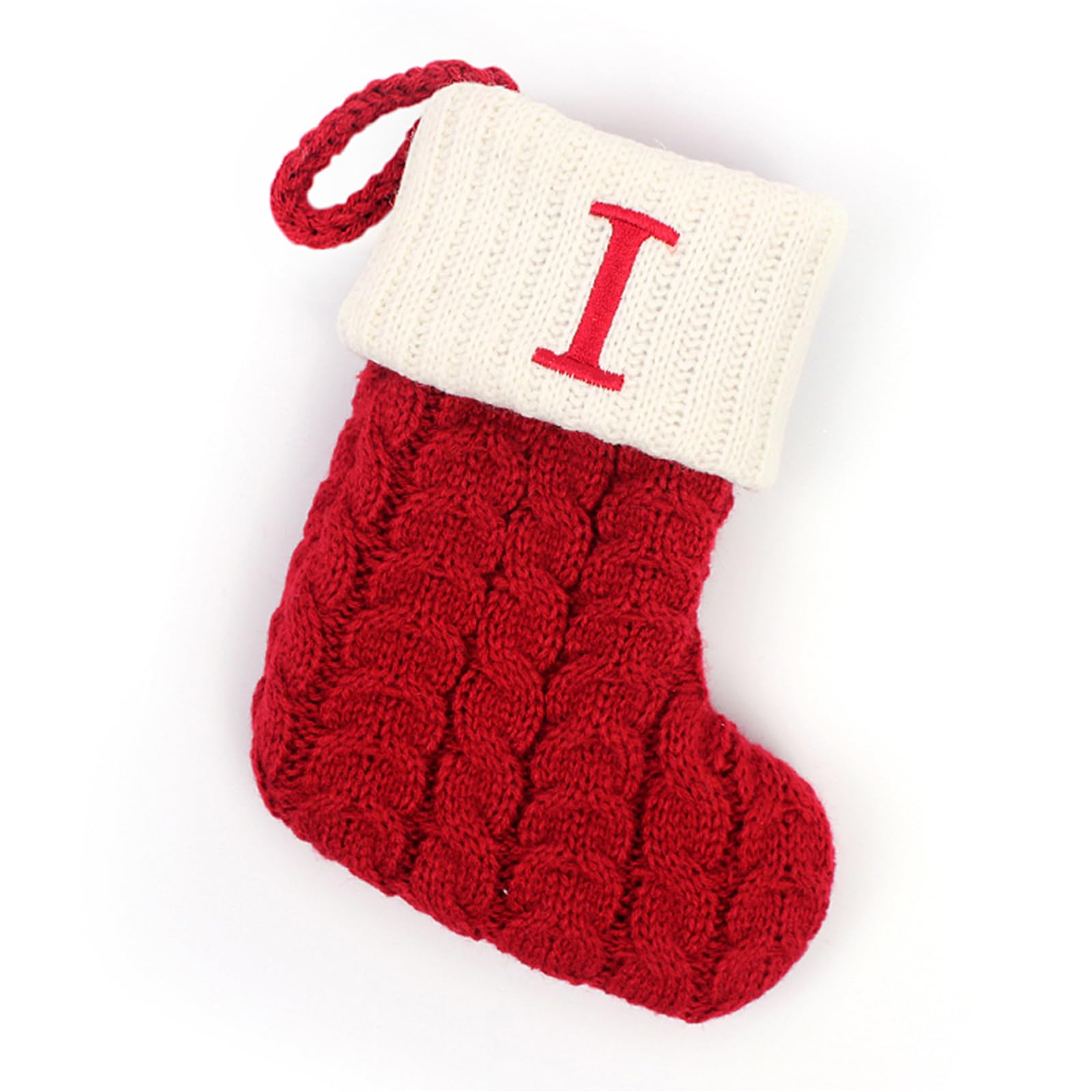Comeon Christmas Stockings, 7 inch Embroidered Initial Letter Cable Knit Mini Cute Red with White Cuffs for Home Family Fireplace Hanging Xmas Holiday Party Decor Gift (Letter I)