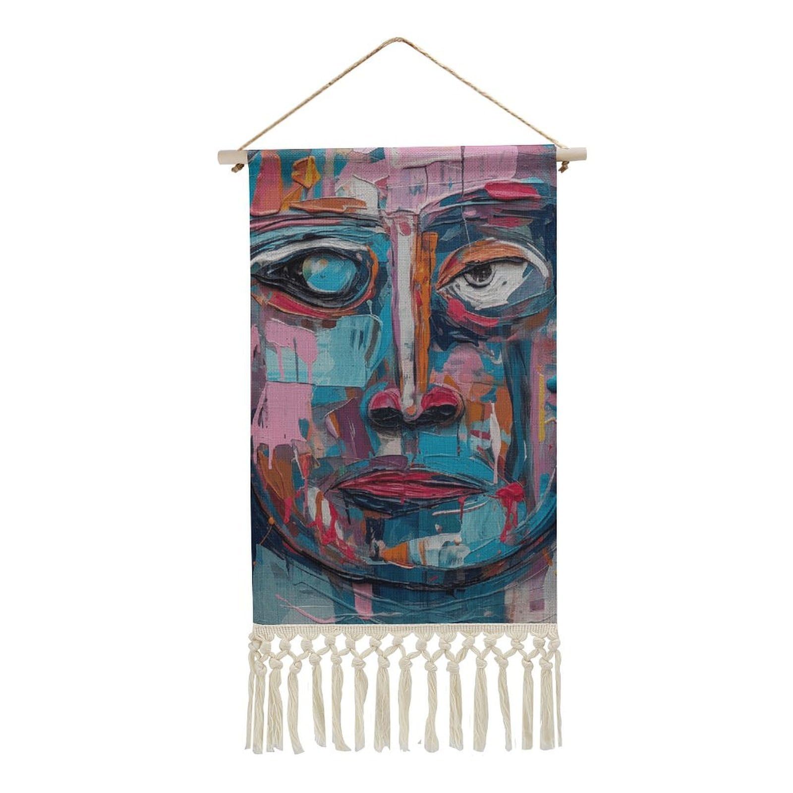 FekiLoot Peach And Blue Face Wall Art Poster Hanger Frame Vertical Tassel Tapestry Cotton Linen Hanging Poster Decorative Wall Art Prints Vintage Wall Art Decor for Home Bedroom Living Room Office