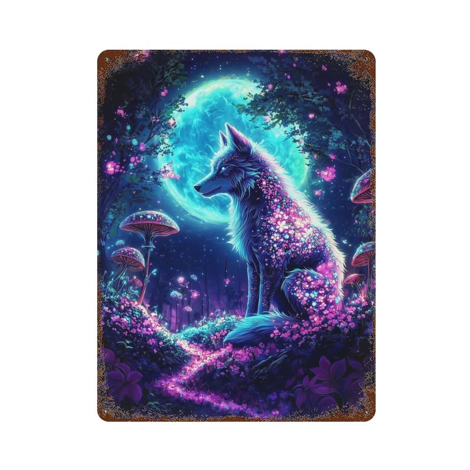 Aged Metal Wall Plaque with Mystical Wolf Design 15.7"x11.8", for Shed, Workshop And Garage Wall Decor, Decorative Metal Wall Art