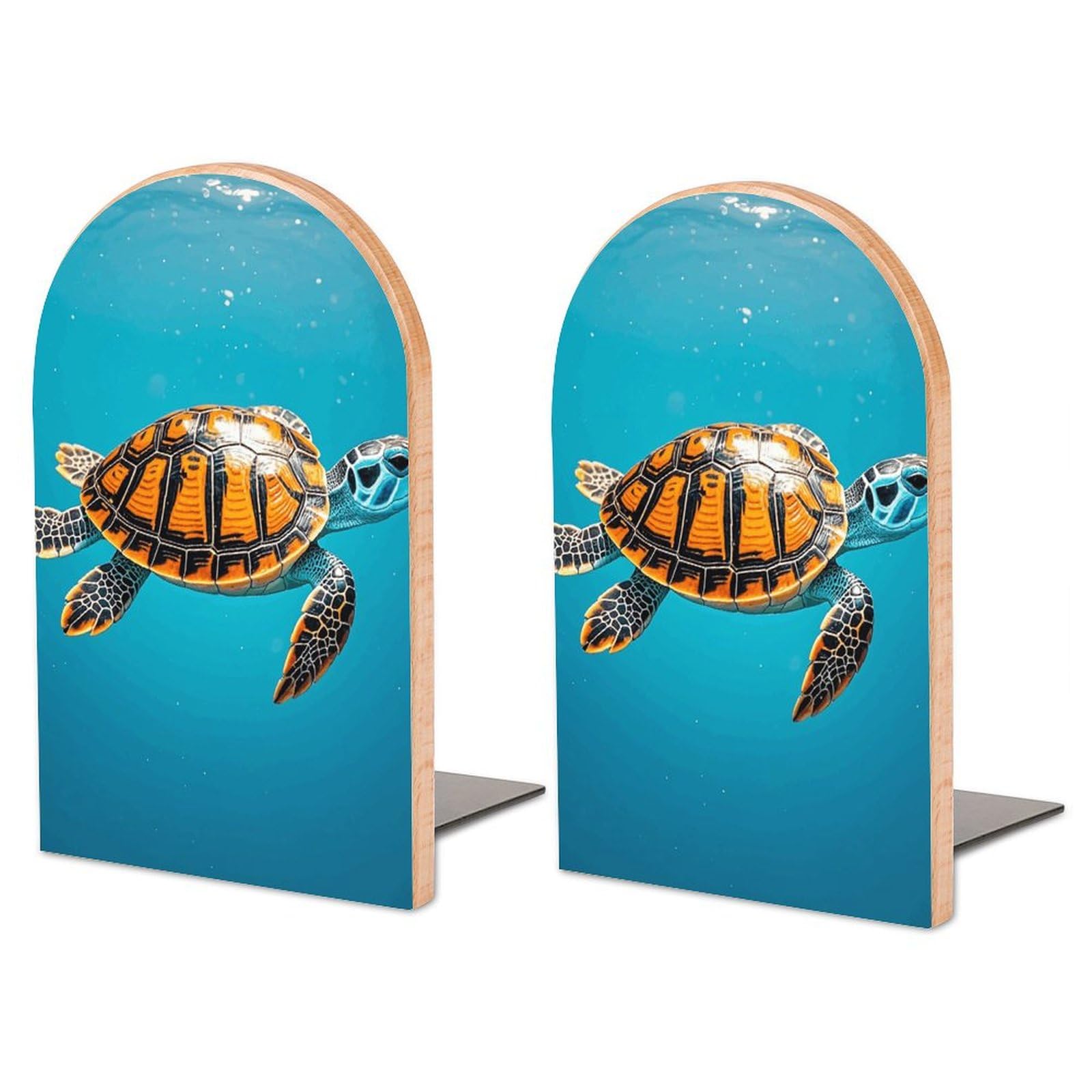 Serre-livres tortue bleue de qualité supérieure en hêtre véritable et socle métal