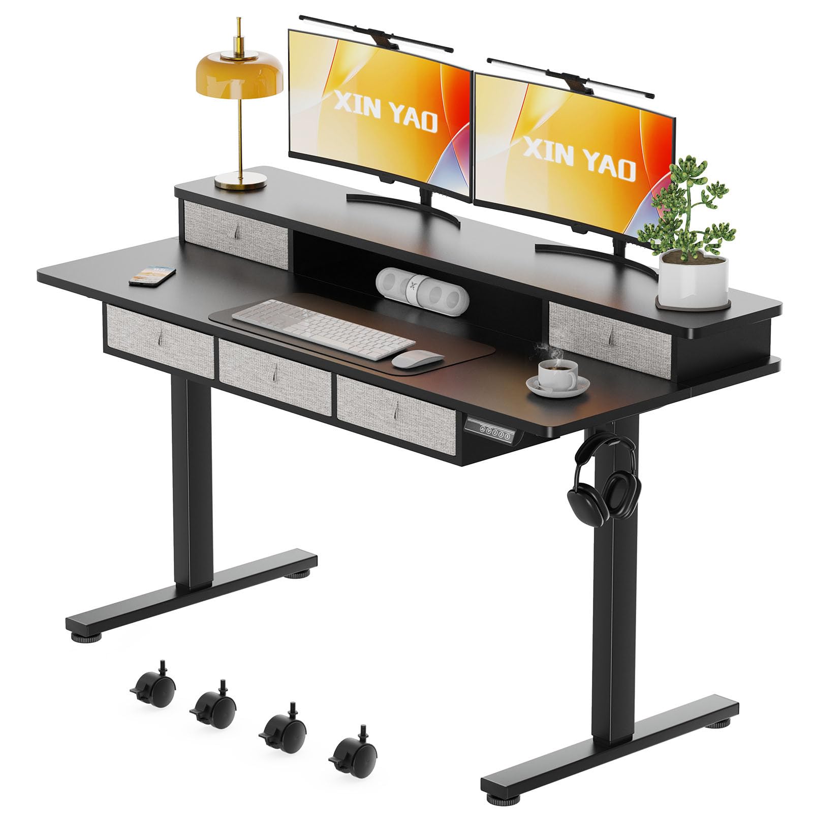 xinyao electric standing desk with 5 drawers 55x24 inch height adjustable sit stand up desk with storage support 290lbs ergonomic rising table with wheels for home office