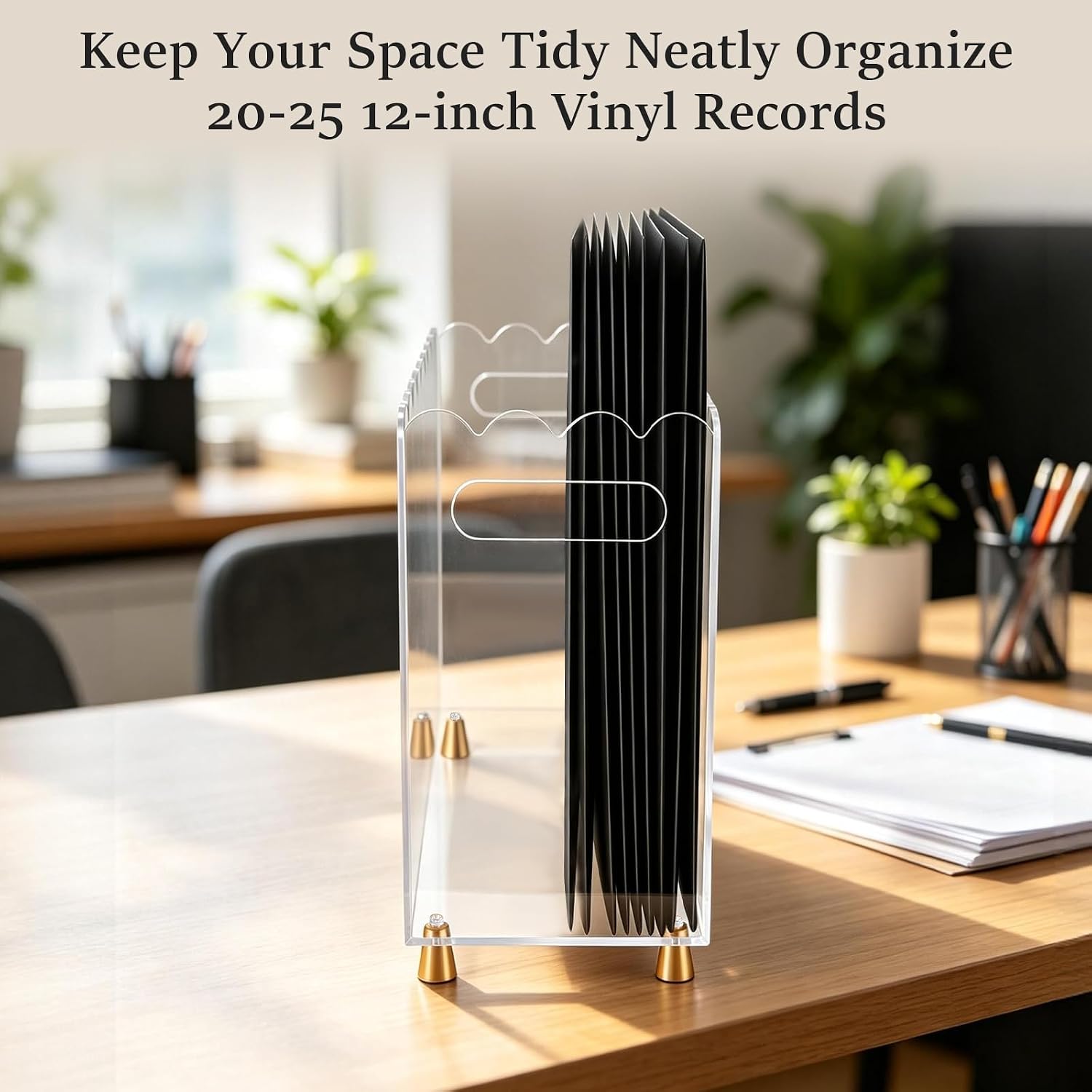 Acrylic Vinyl Record Holder,Vinyl Record Storage with Luxe Gold Metal Feet and Scalloped Edge Design, Portable Handle, Space-Saving Organizer for 7/10/12 Inch LP Records
