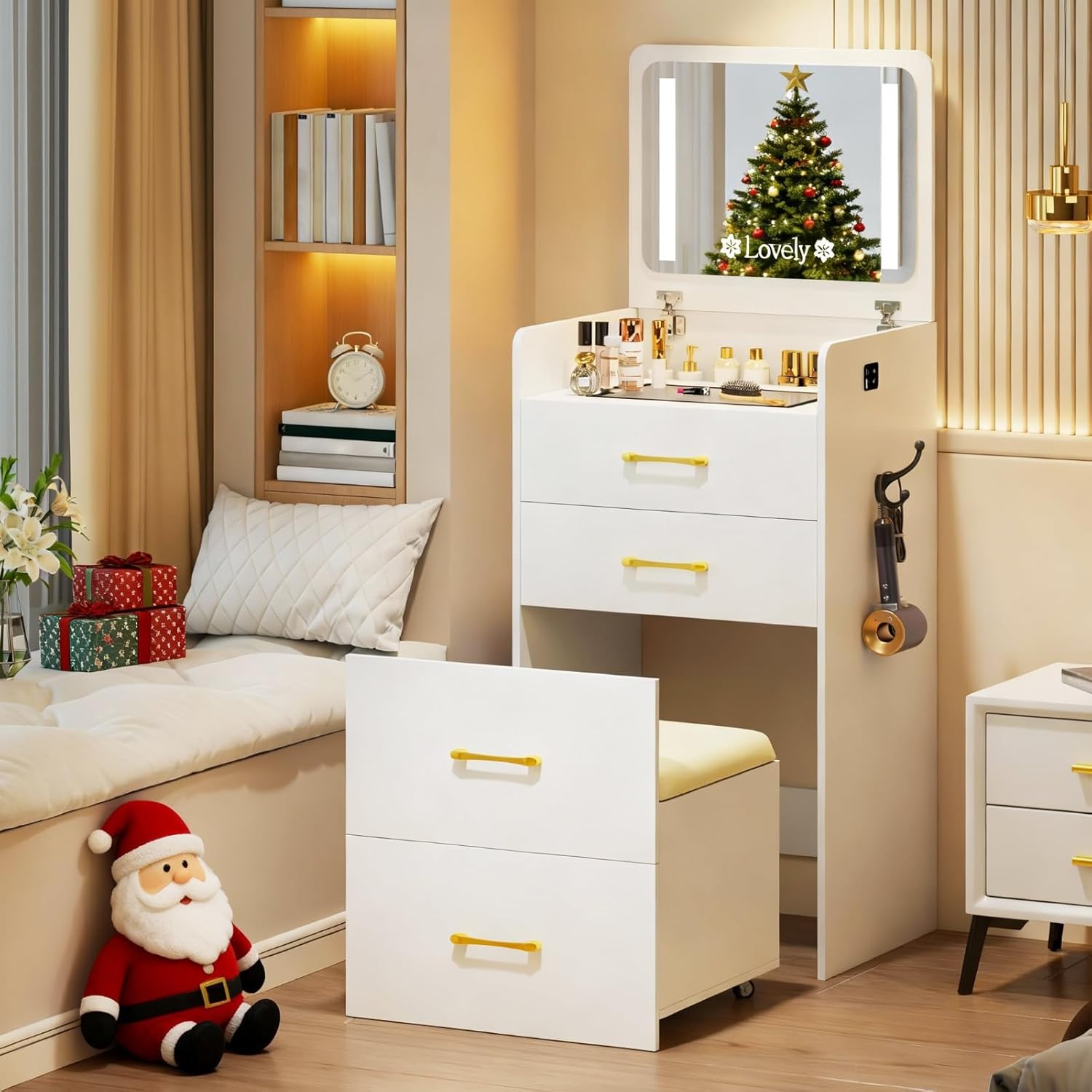 HNEBC 3 in 1 Vanity Desk with Plip Top LED Mirror,Small Dressing Table Set with Visible Glass Desktop,Compact Vanity with 3 Drawers,Storage Compartment and Padded Stool,for Bedroom(White)