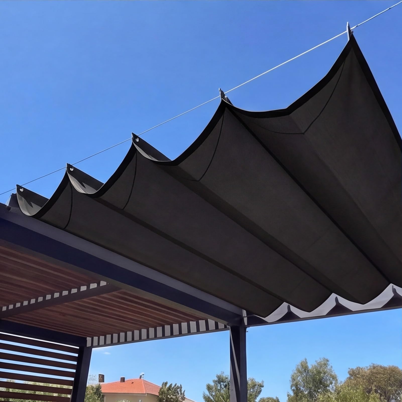 Wysuwany żagiel przeciwsłoneczny 220 x 250 cm, z oczkami i sznurkiem na wymiar, pergola, ochrona przed promieniowaniem UV, wodoszczelny, do ogrodu, pergoli, balkonu, tarasu, czarny