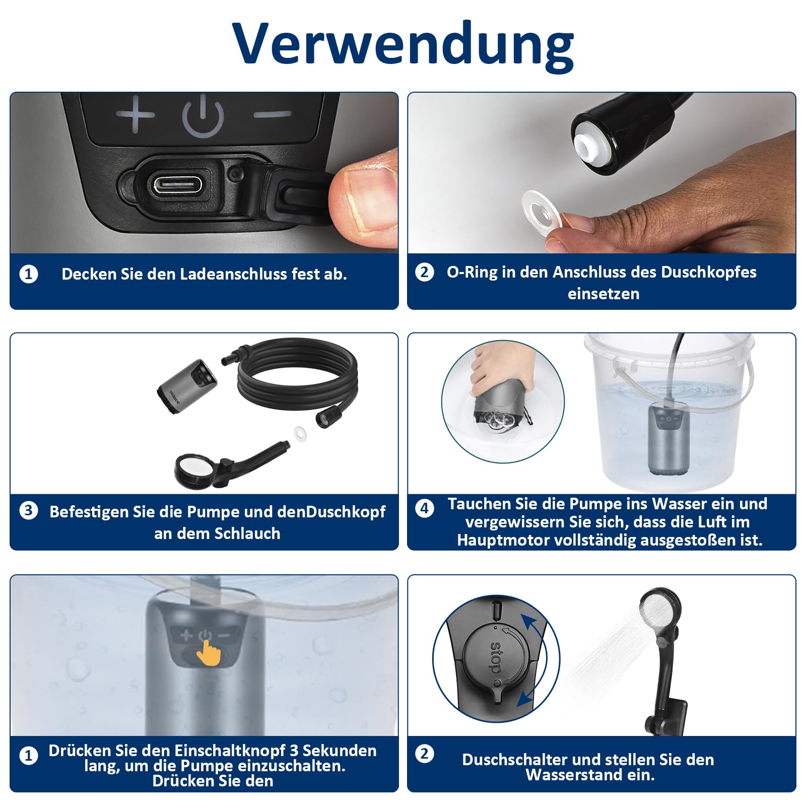 Campingdusche Tragbare, 8000mAh Camping Dusche Akku mit Pumpe und Temperaturanzeige, Outdoor Mobile Duschen mit Duschkopf und 2M Schlauch für Garten, Strand,Haustier,Autowaschen,Reisen