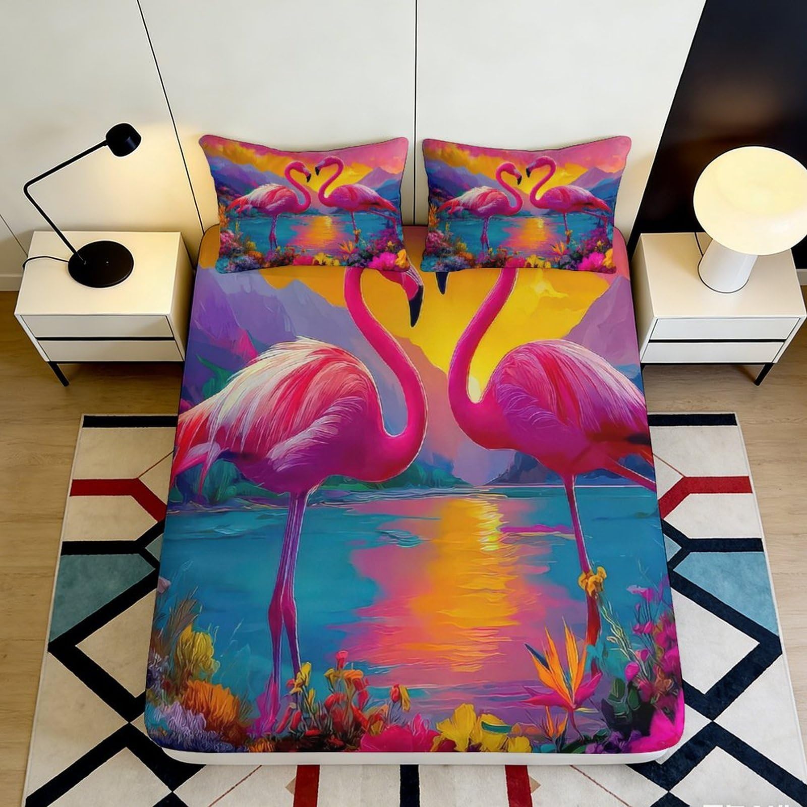3D Printed Flamingo Sunset Fitted Sheet Microfiber Pink Lake Mattress Cover for Bedroom Guest Room Decor Easy Care 90x200x25cm