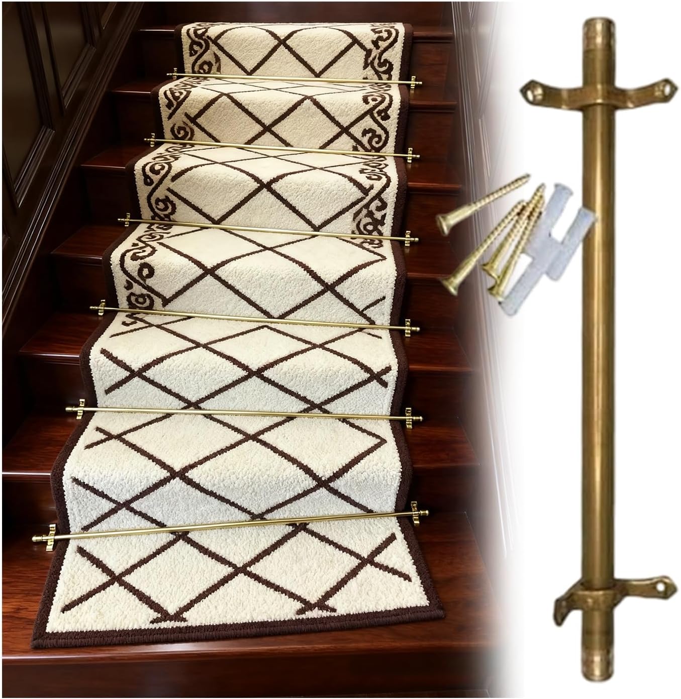 Brass Stair Rods for Carpet Runners Set of 2-16, Long Staircase Carpet Rods, Stair Carpet Runner Holder Rods for Home Office Shopping Center(4 Pack,L 24in/61cm)