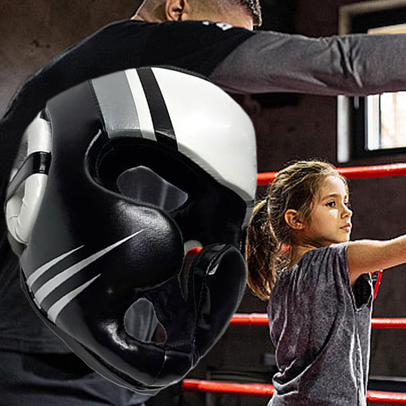 Kask bokserski, kick-boxing kask pełnotwarzowy - lekki sprzęt ochronny, amortyzujący ochraniacz głowy do sztuk walki bokserskiej