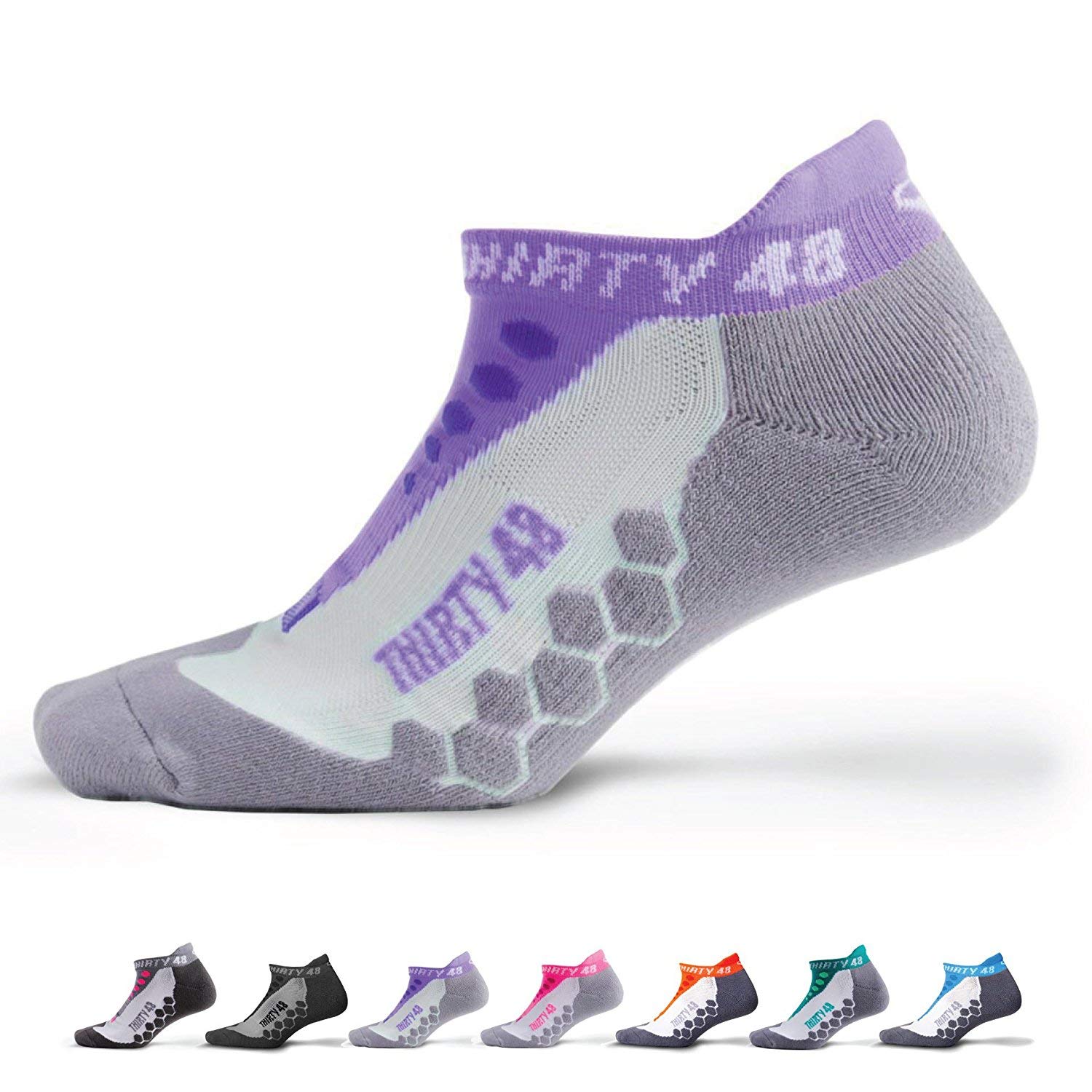 Calcetines para correr de Thirty48, Ru Series – Morado/Gris – Unisex – Múltiple acolchado para protección extra – CatalystAF™ Diseño, Incrementa Airflow – COOLMAX® Material resistente, Mantiene tus pies frescos y secos – Empaquetado USA