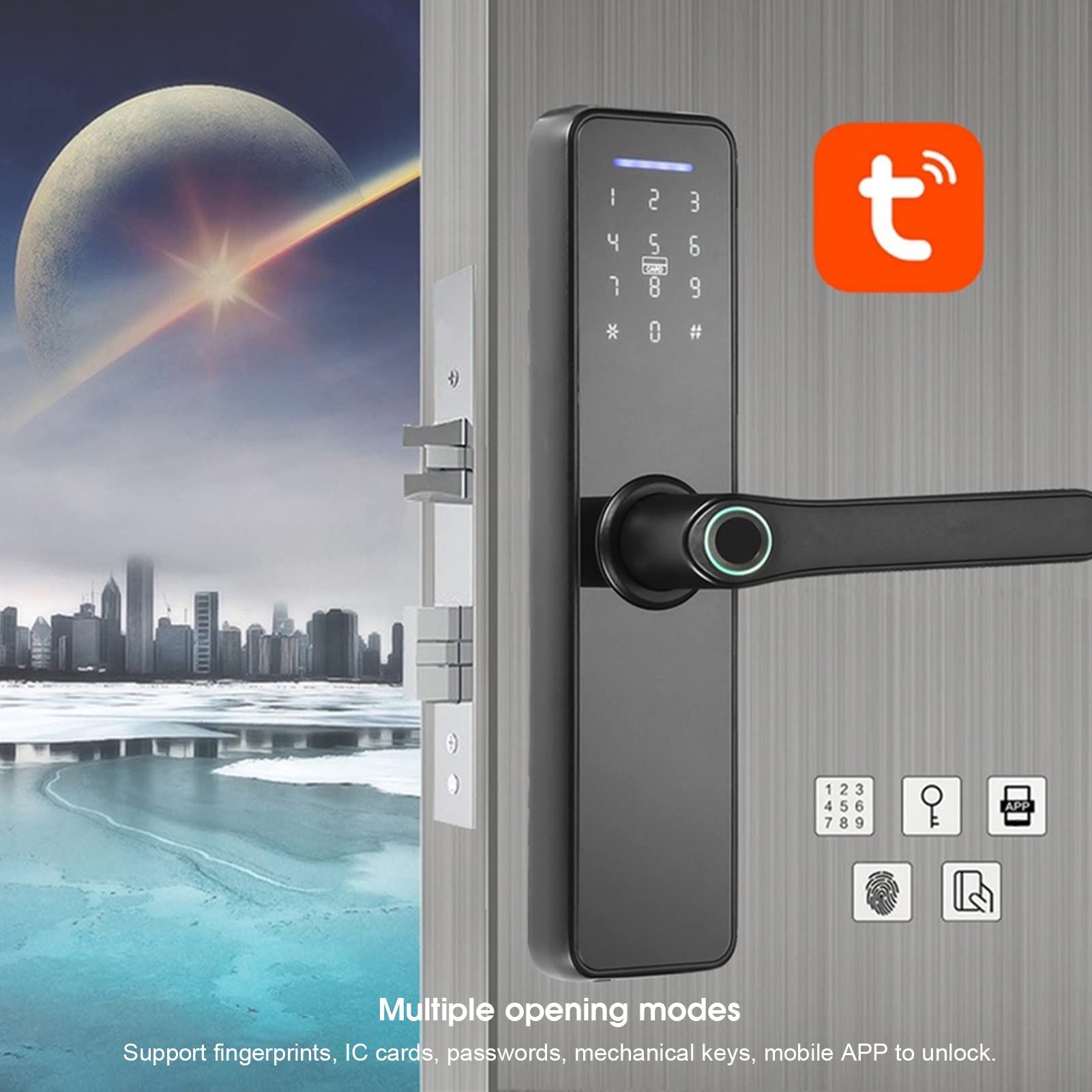 5 in 1 Tuya Smart Lock Serratura Impronte Digitali Carta IC Password Chiave Meccanica App per Cellulare Sblocco Serratura Elettronica Intelligente Casa Hotel Appartamento Porta Adatto