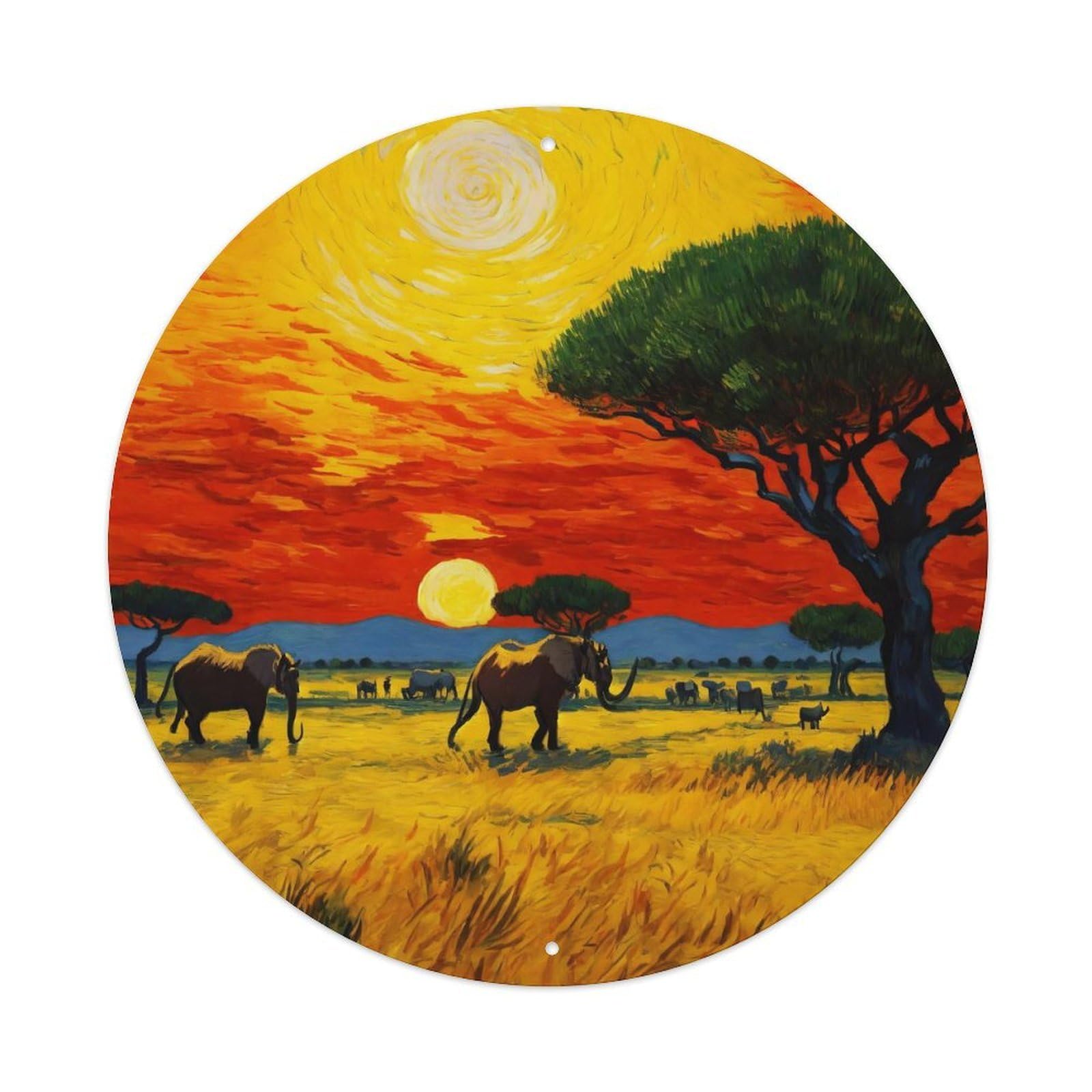 Vintage Art Starry Night Echo Elephant Trek Vintage Metal Tin Sign Plaque Wall Decor for Cafe, Club, Garden Round Metal Poster 8x8Inch