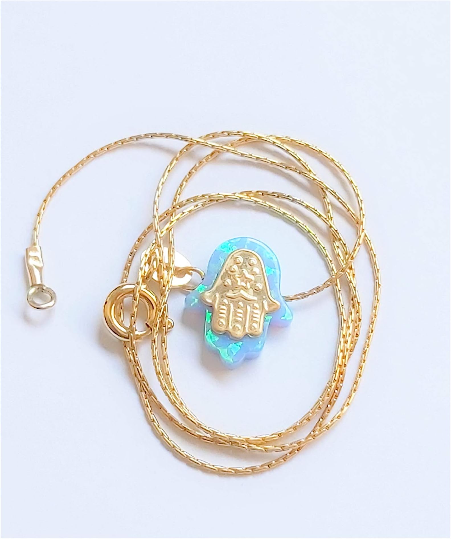 Hamsa Opal + Gold Filled Necklace Kabbalah Evil Eye Good Luck