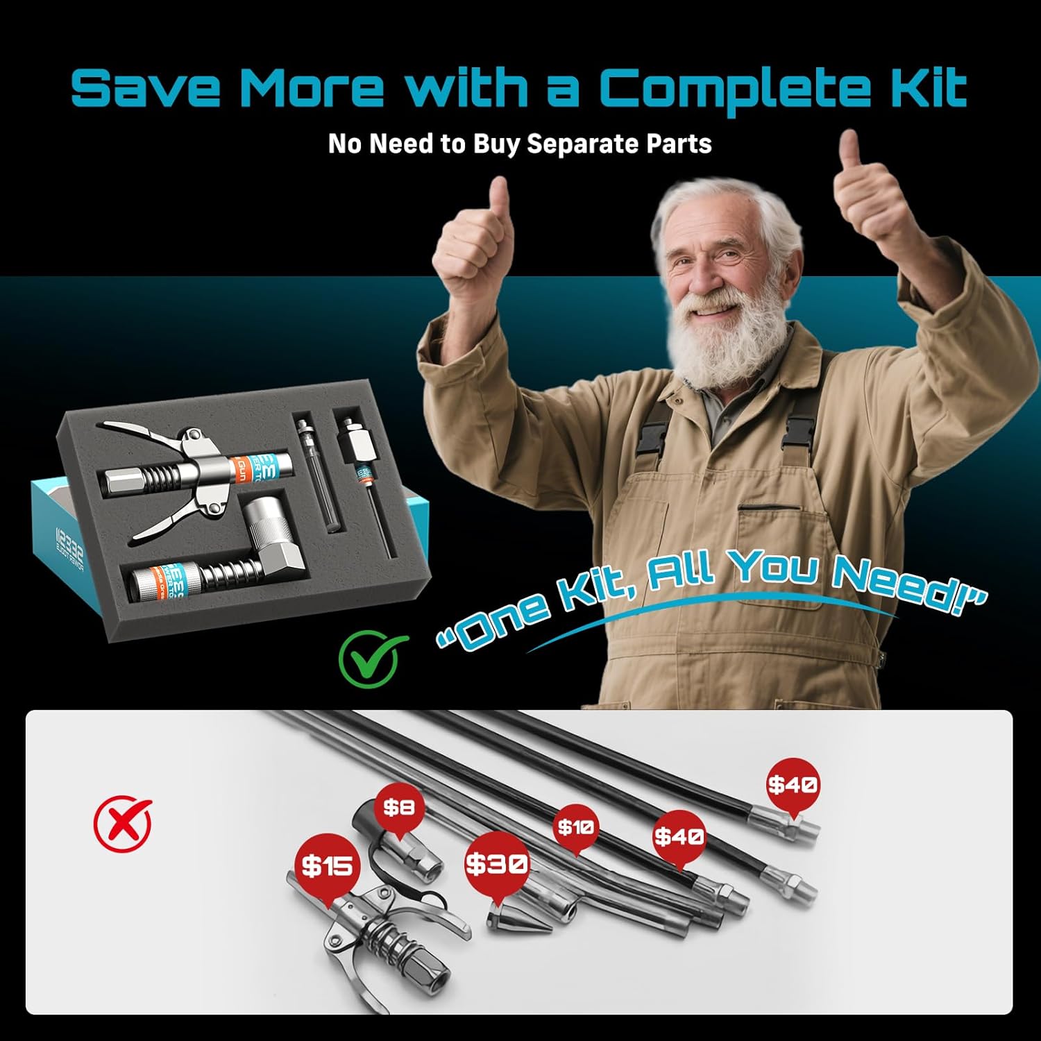 Seesii Grease Gun Accessory Kit, Includes Quick-Release Coupler, 90 Degree Grease Gun Coupler Adapter, 12 Inch Flexible Hose, 2 Grease Needle Tips for Easy Greasing Narrow, Tight & Deep Spaces, GR04P