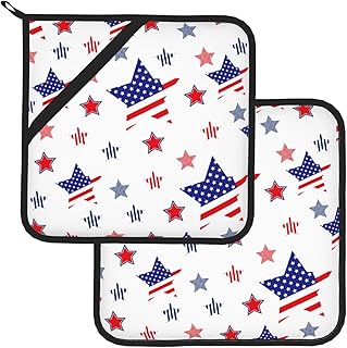 Christmas Potholders,4Th of July Patriotic Pot Holder Set Blue Stars Strip Kitchen Decor Cooking Heat Resistant Hot Pads for BBQ Baking Grilling(8"x8")
