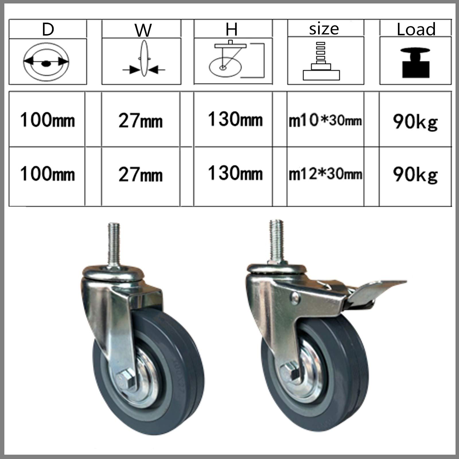 Lenkrolle, Lenkrollen 4 Zoll (100 mm), Gewinde, Tragkraft 270 kg, 4er-Pack mit Bremse(Brake,M10)