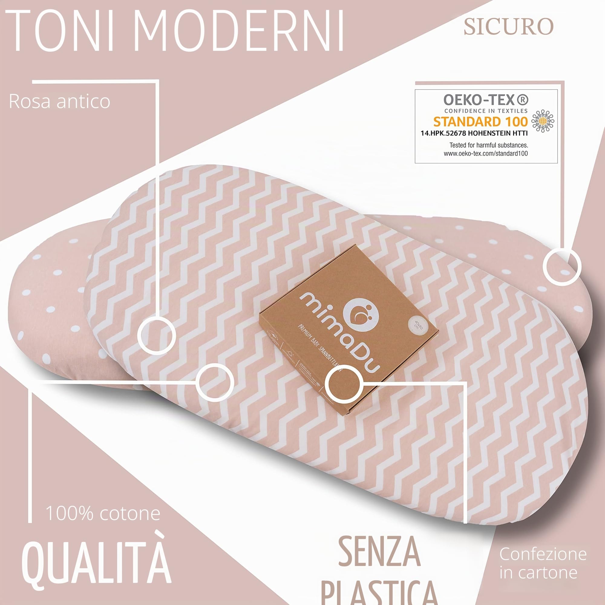 mimaDu - Set di 2 lenzuola per neonati 90x40 cm 100% cotone Oeko-Tex 80x53, 83x50, 50x83, 90x45 per letti aggiuntivi di piccole e medie dimensioni - Coprimaterasso per lettini aggiuntivi rosa antico
