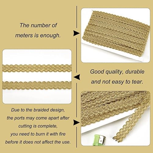 Miniatura 4 de FINGERINSPIRE 13 yardas Gimp Trenzado de borde dorado tejido trenza de 0.591 in de ancho, poliéster inelástico hecho a mano, costura de onda S
